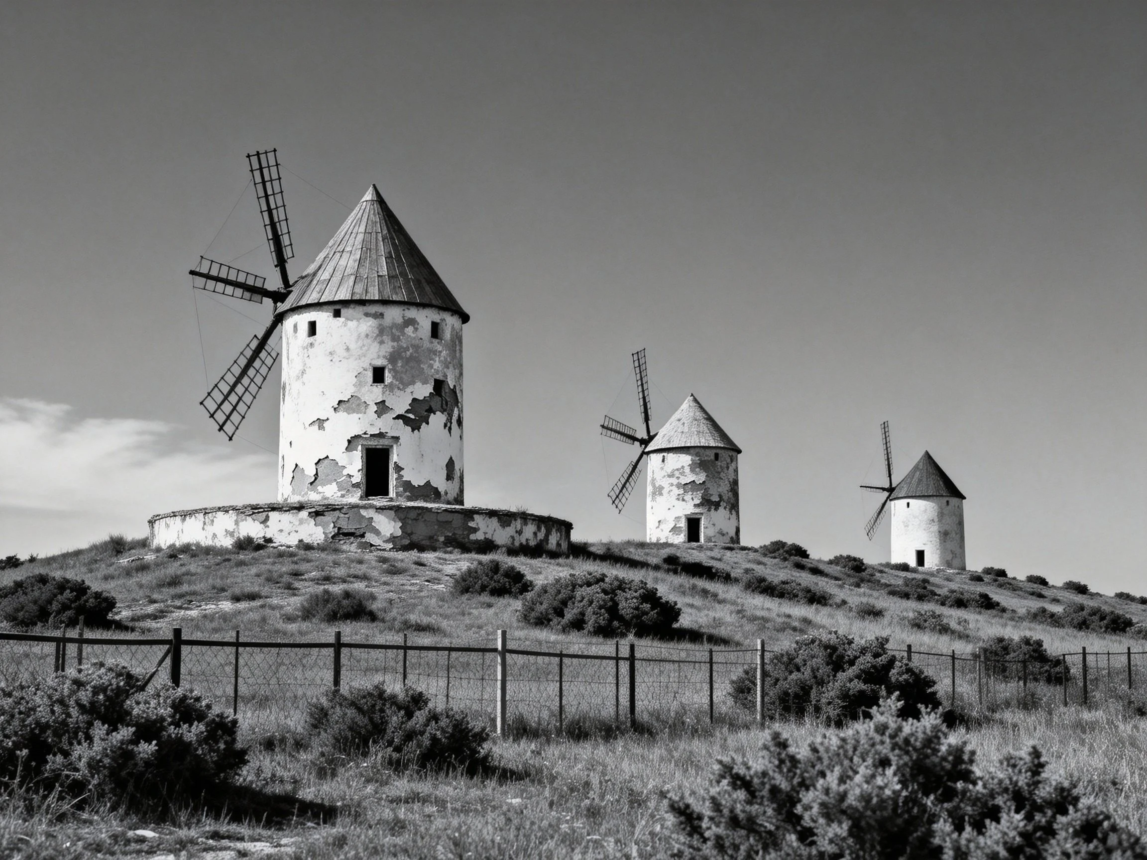 Three aged windmill towers on a grassy hilltop