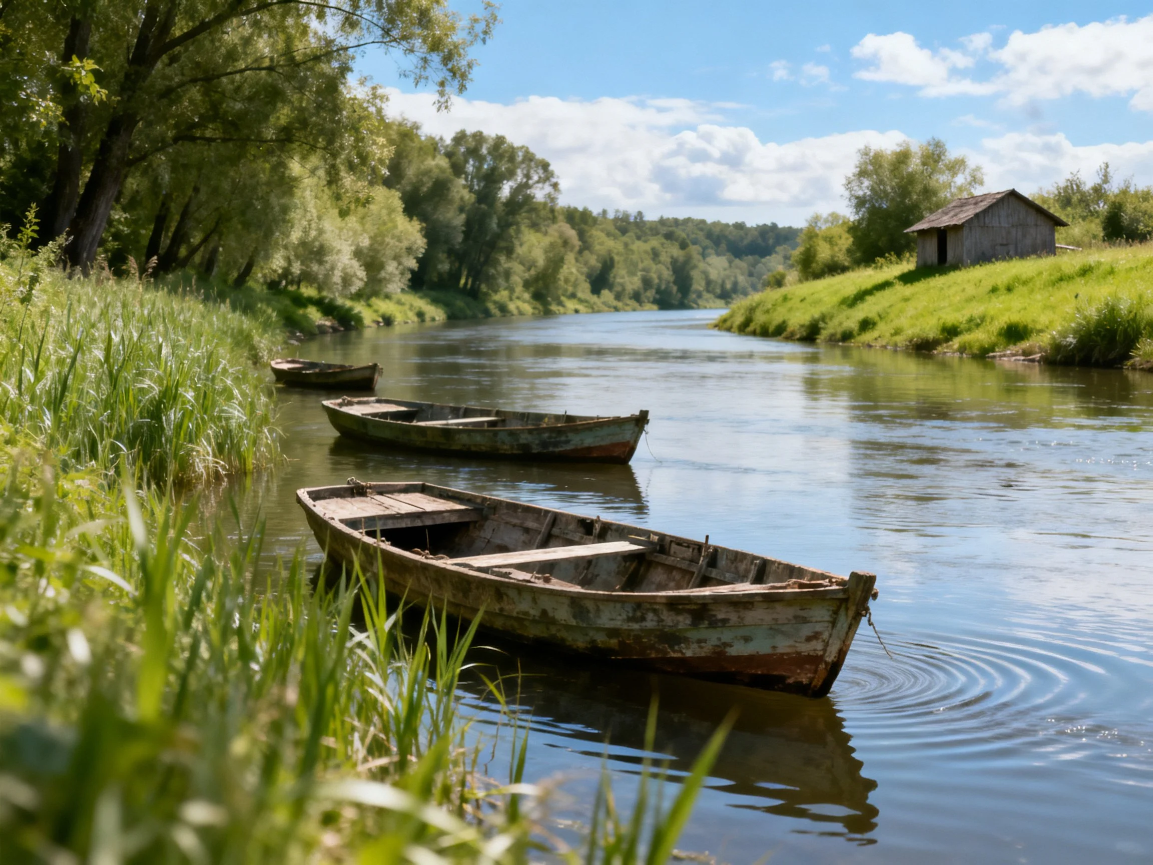 Three aged wooden boats moored by a tranquil riverside