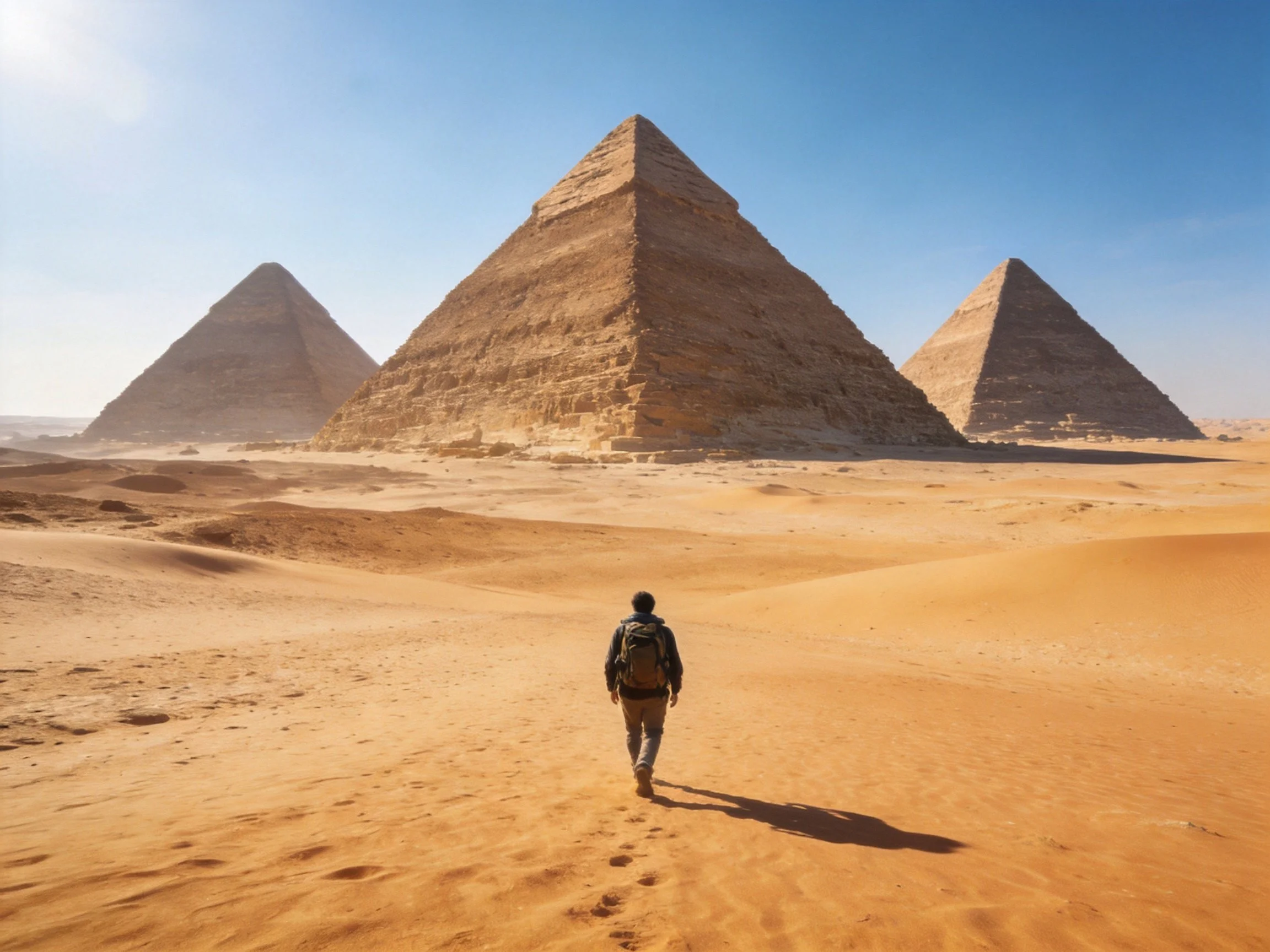 Three ancient pyramids stand in golden desert sands under clear blue sky