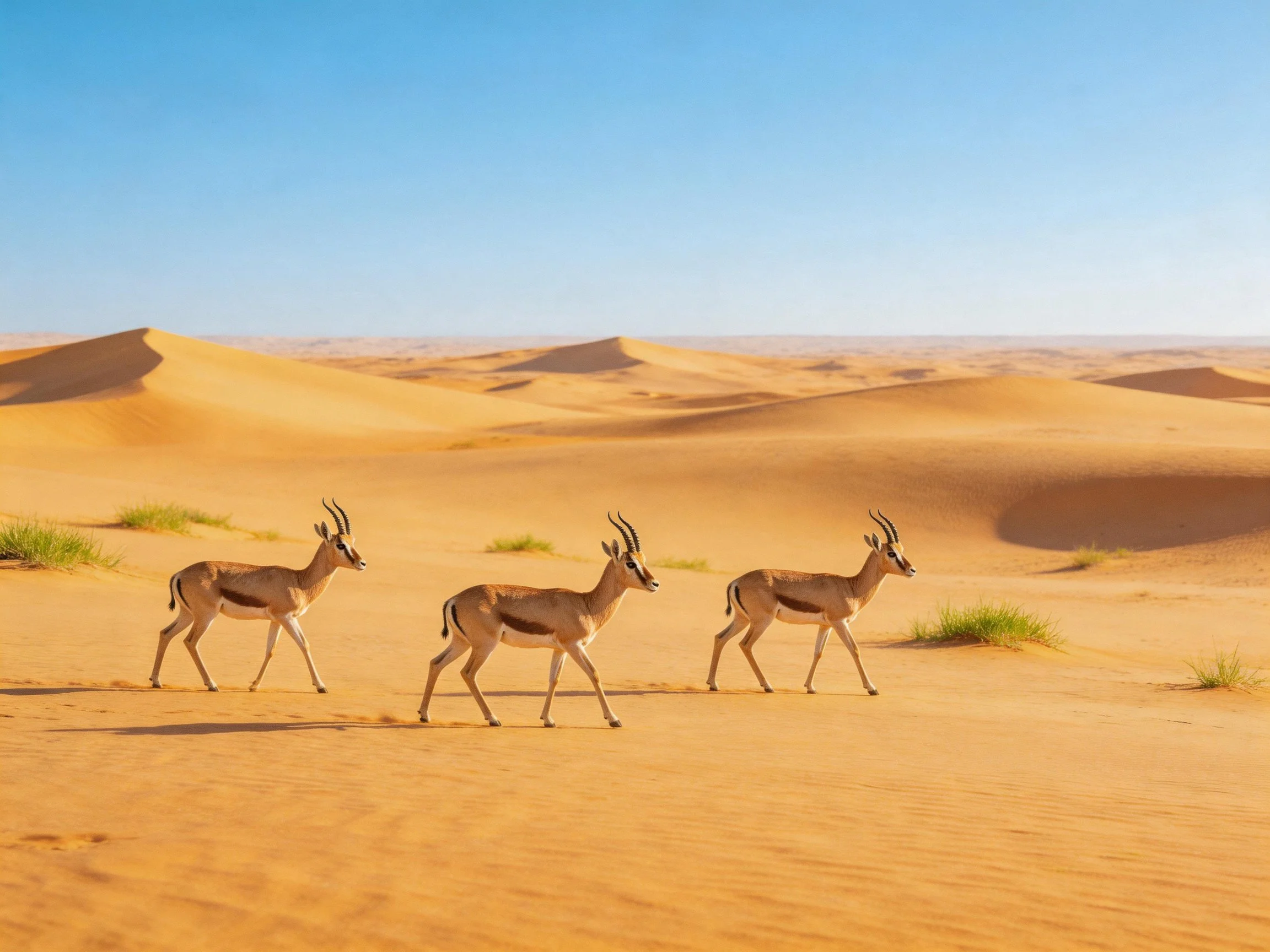 Three antelopes walk across golden desert sand dunes under clear blue sky