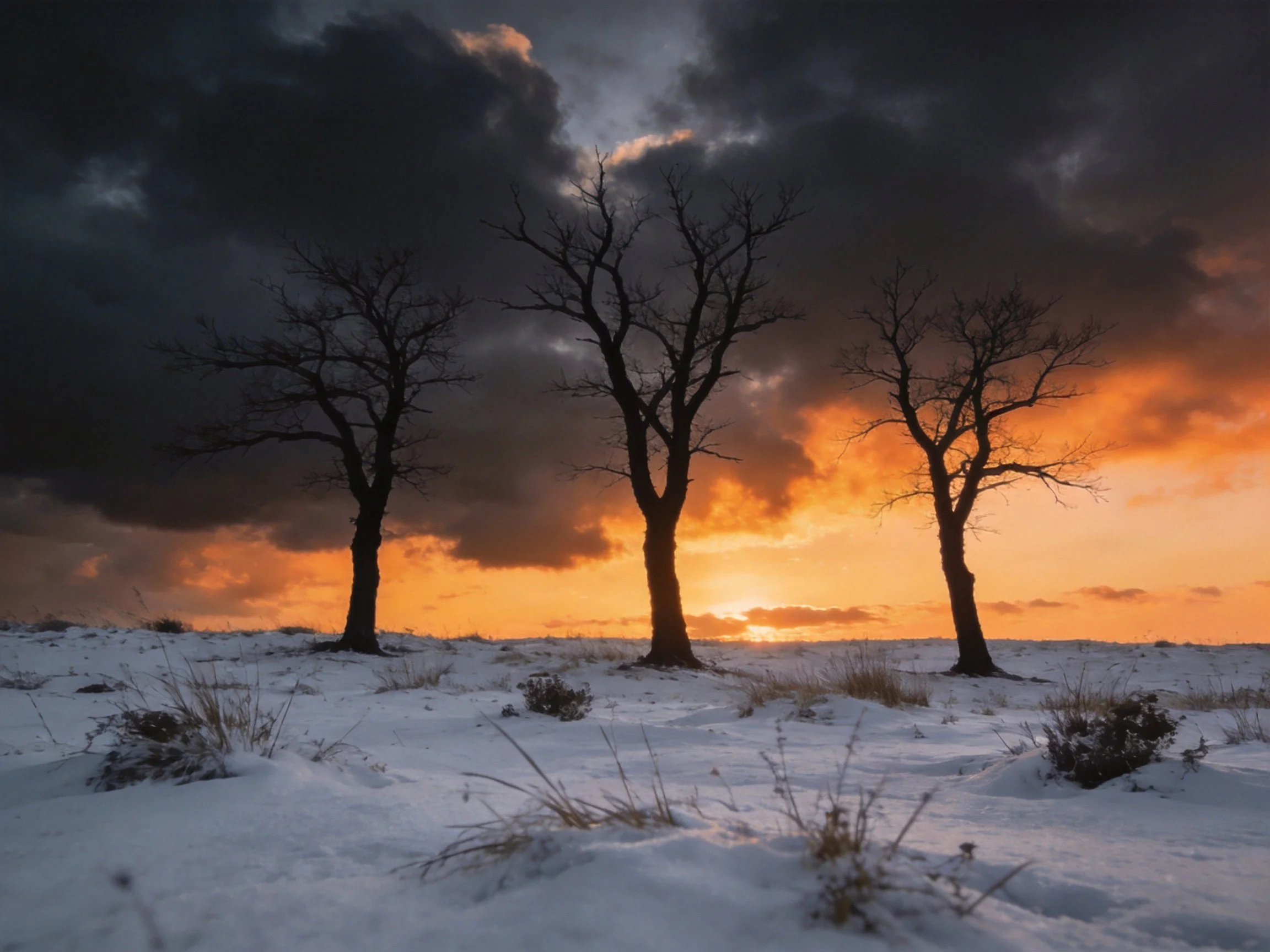Three bare trees in a snow - covered landscape with a dramatic sunset sky