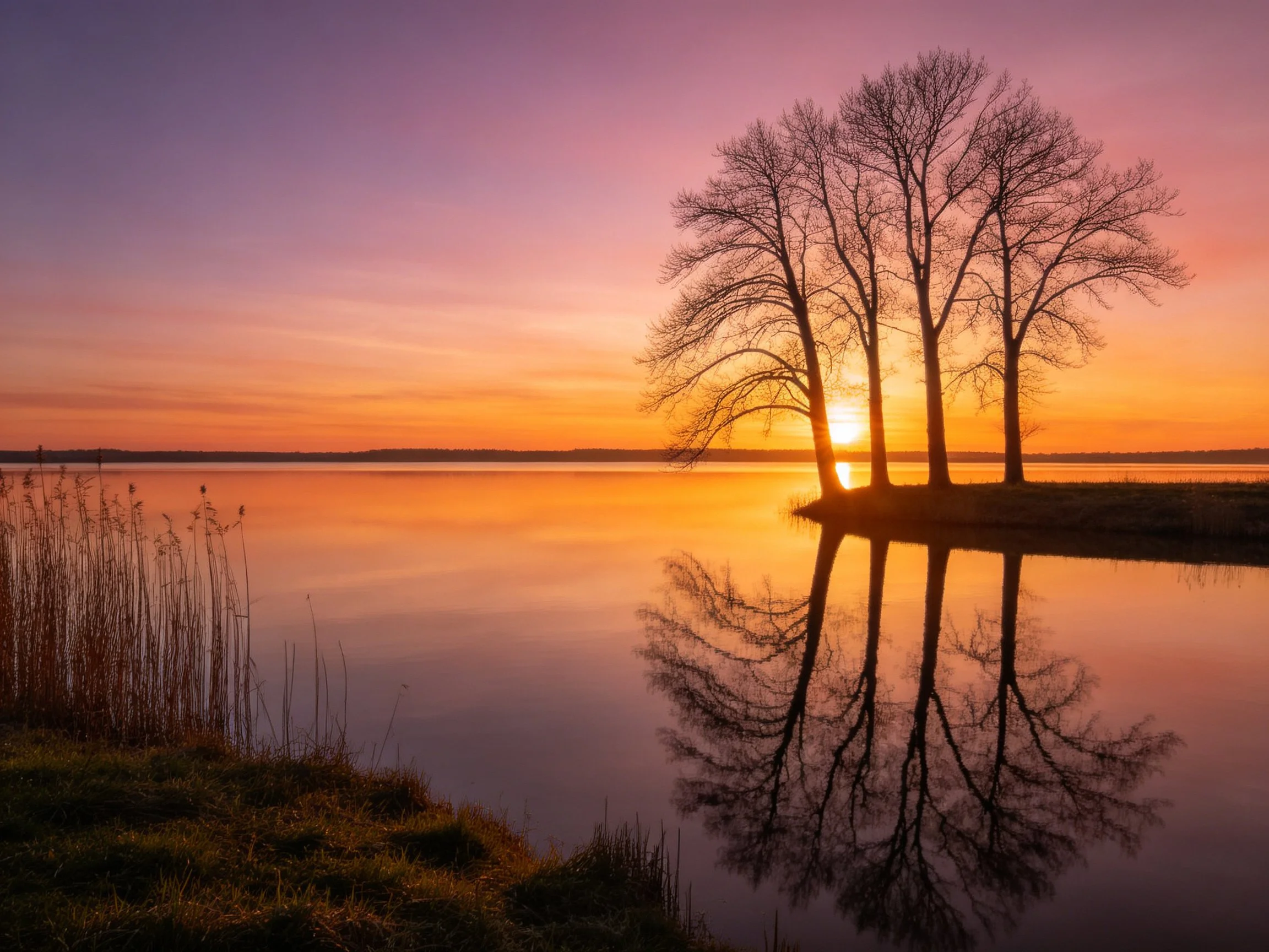 Three bare trees silhouette against vibrant sunset over calm lake