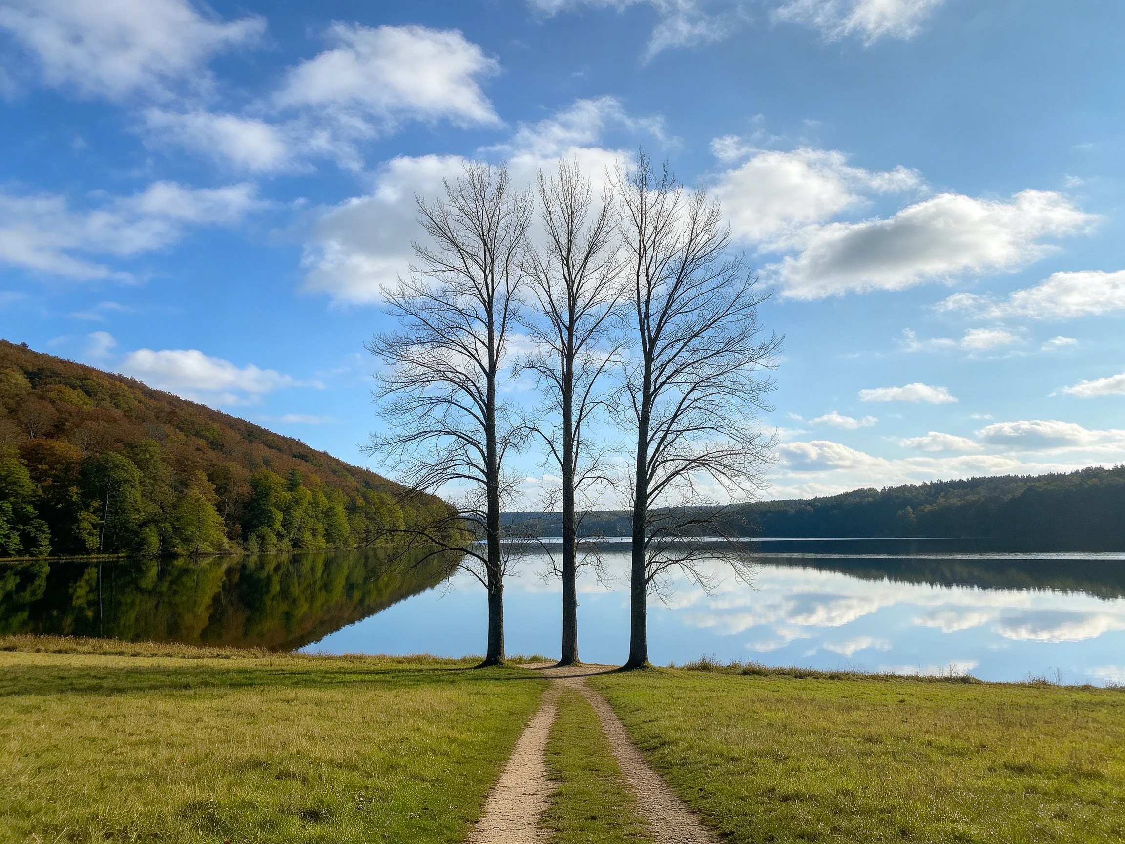 Three bare trees stand beside a calm lake with blue skies