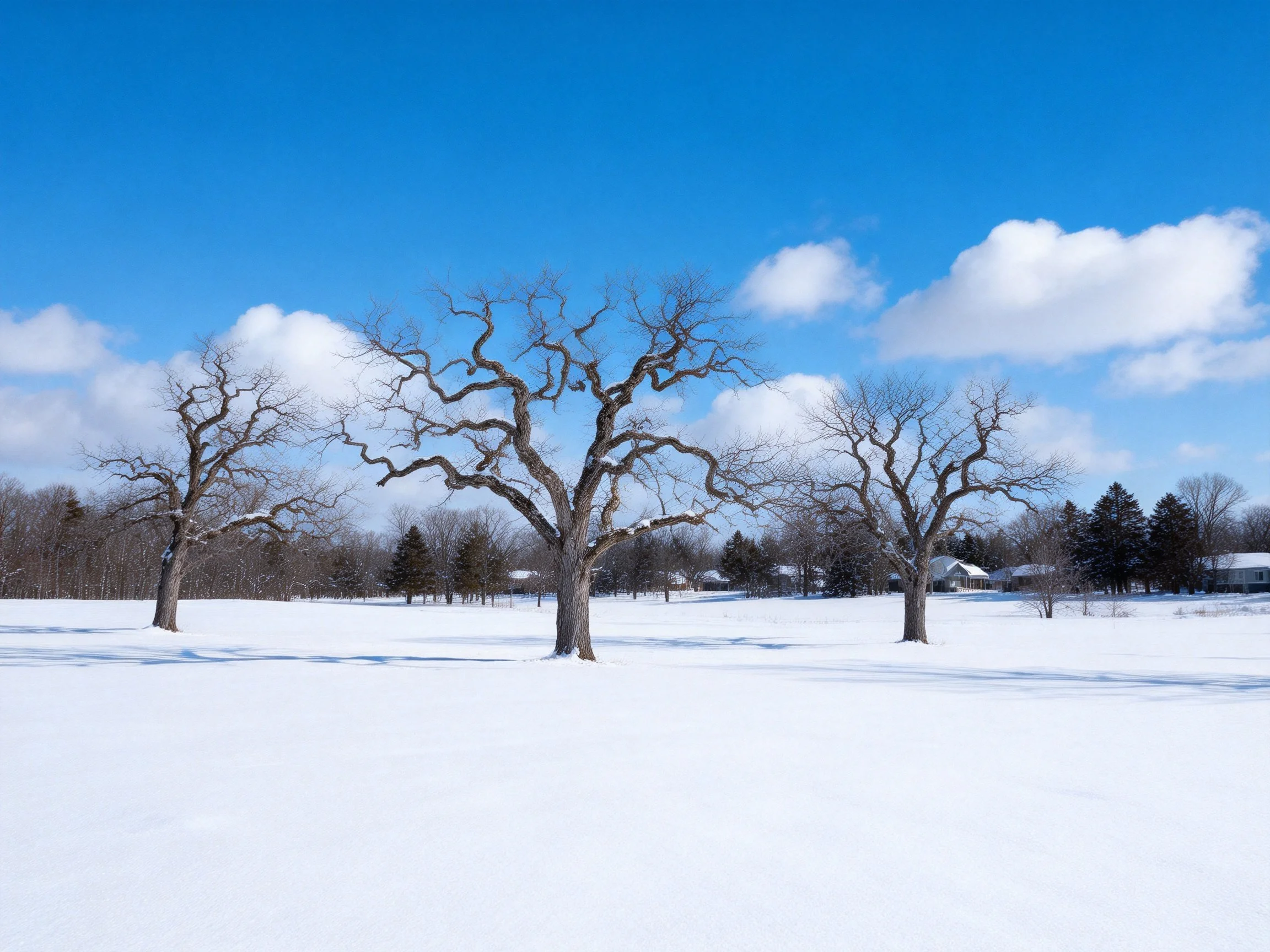 Three bare trees stand in a snow - covered field beneath bright blue sky