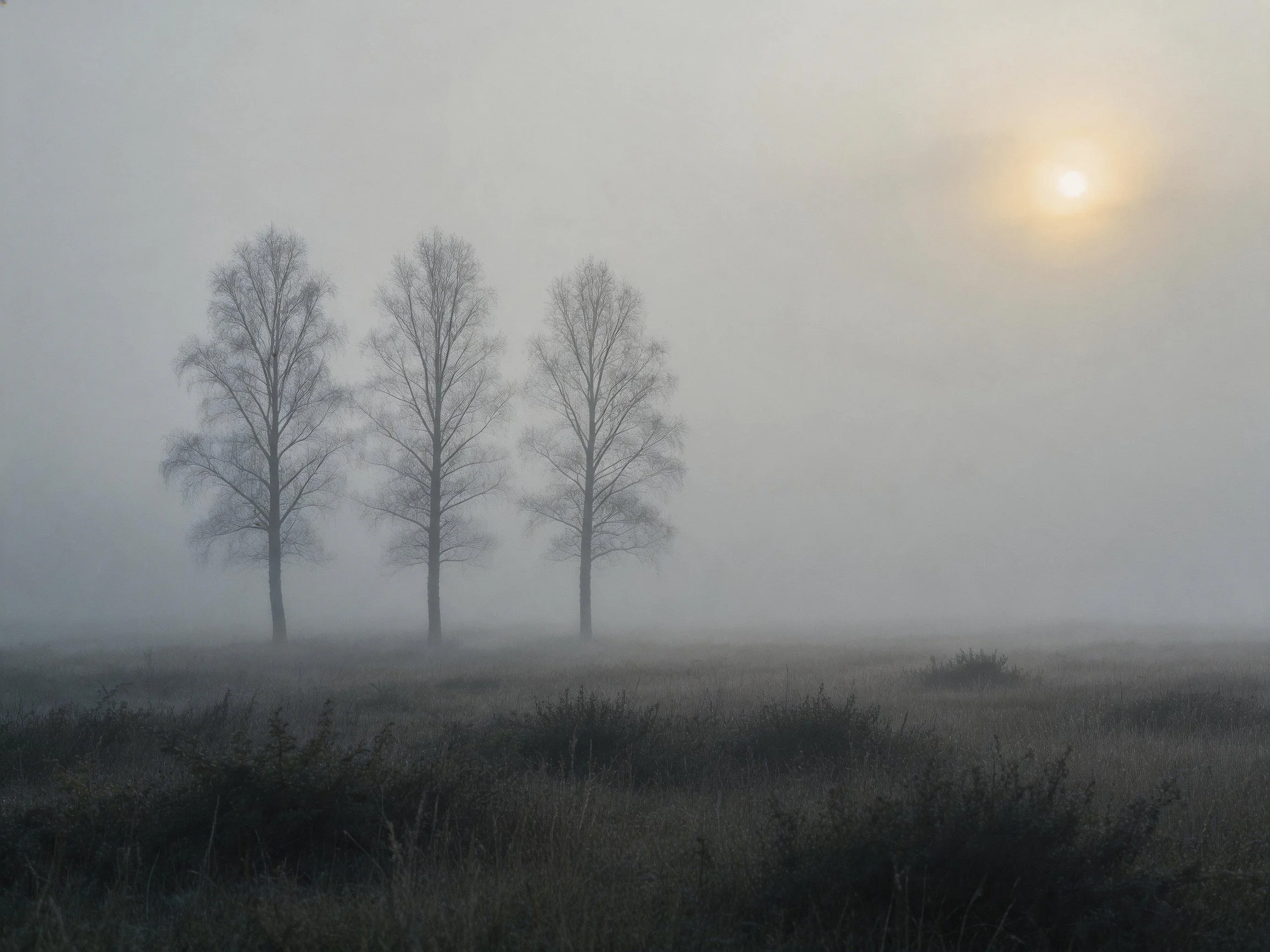Three bare trees stand in foggy field under hazy sun