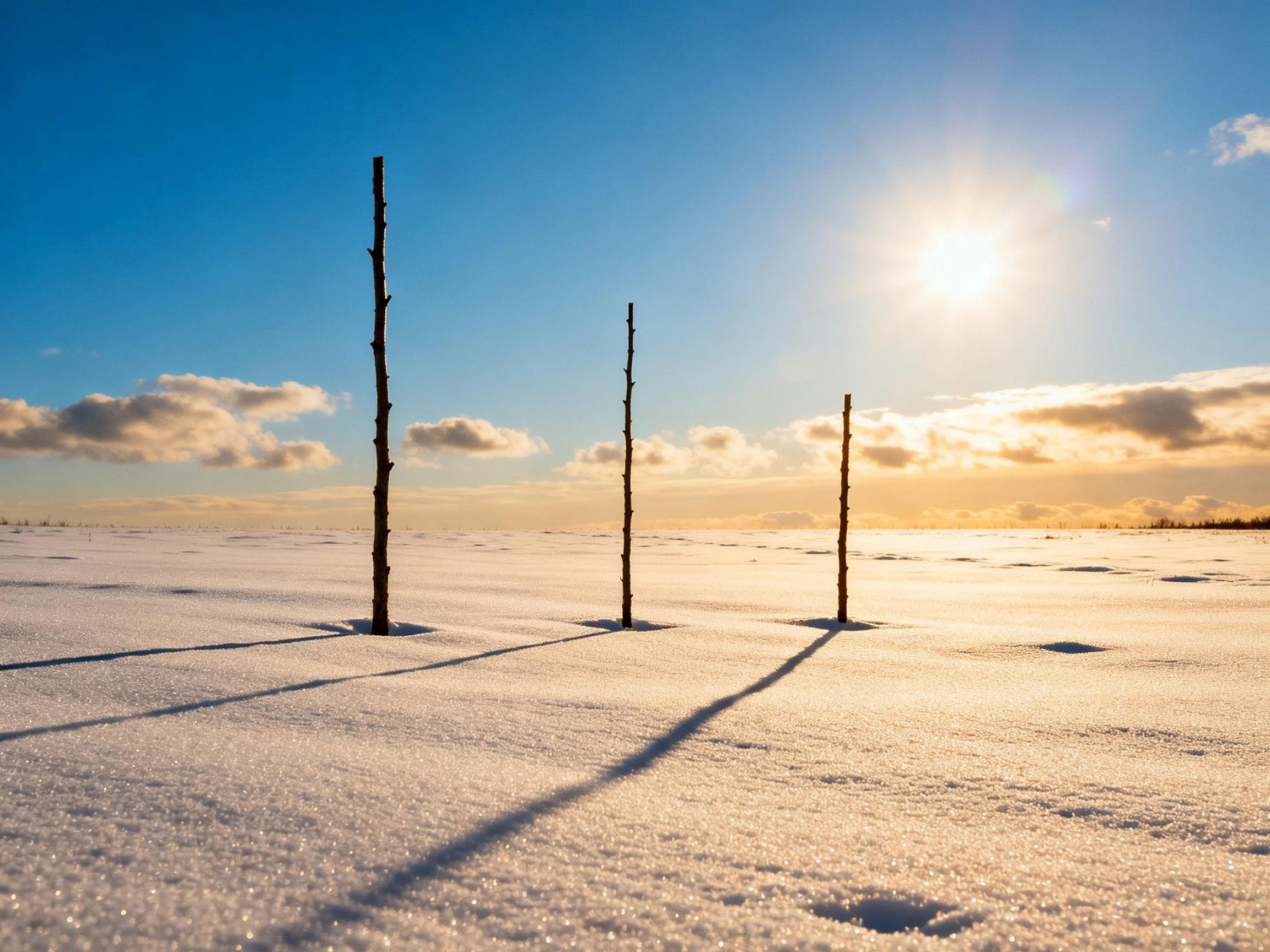 Three bare wooden poles stand in glistening snowy field under bright sun