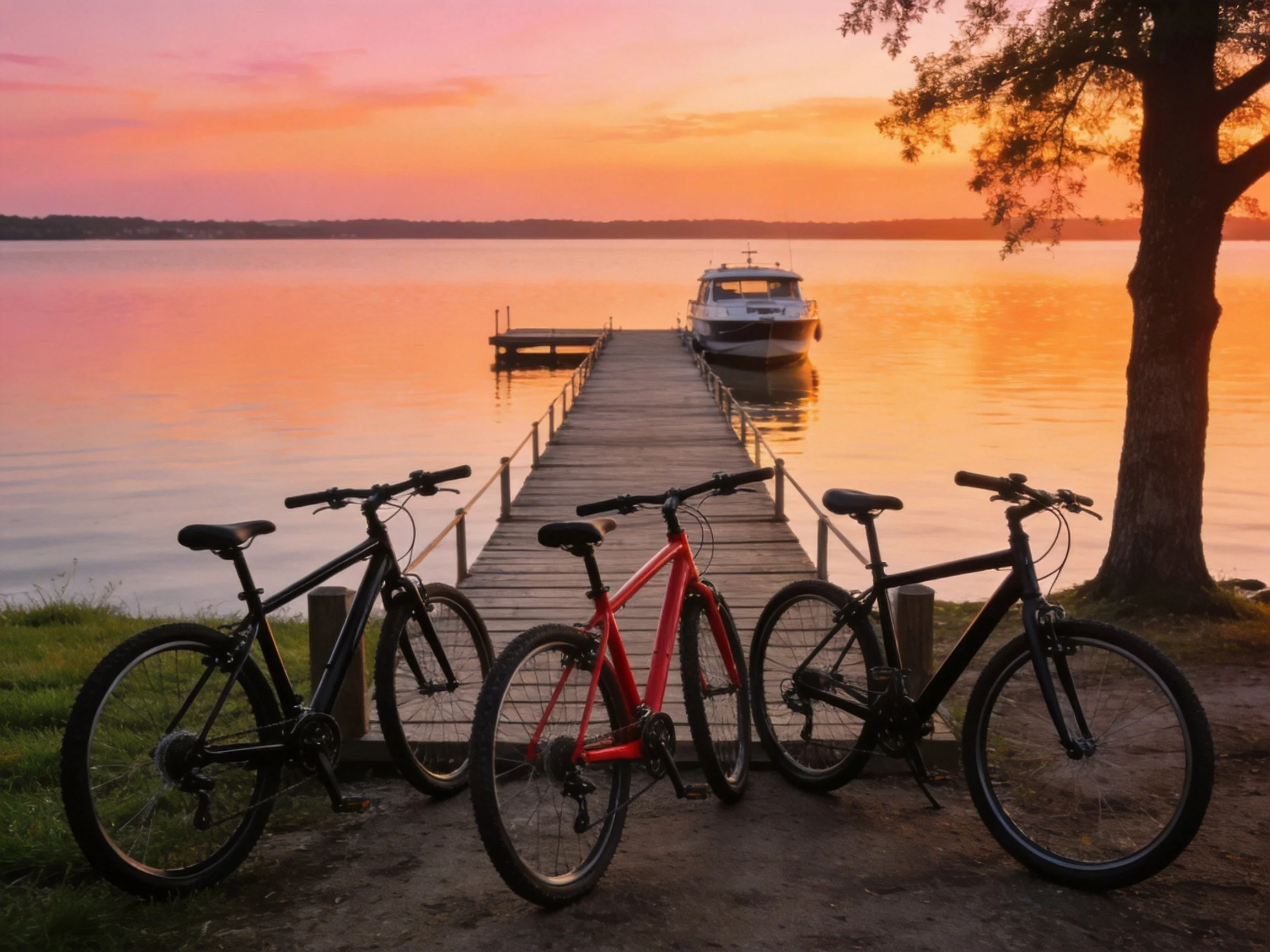 Three bicycles near a wooden dock at sunset with a boat