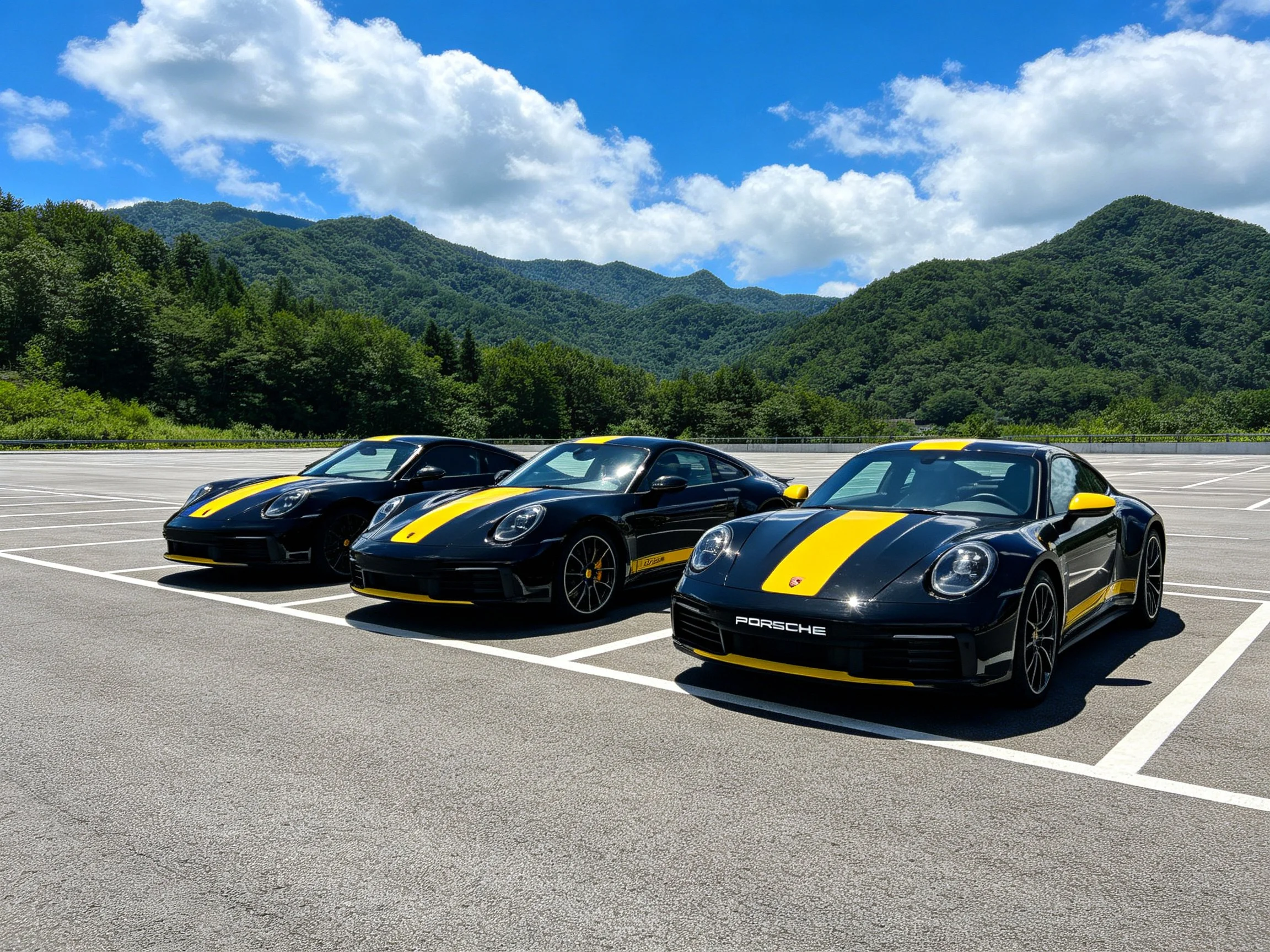 Three black Porsche sports cars with yellow racing stripes