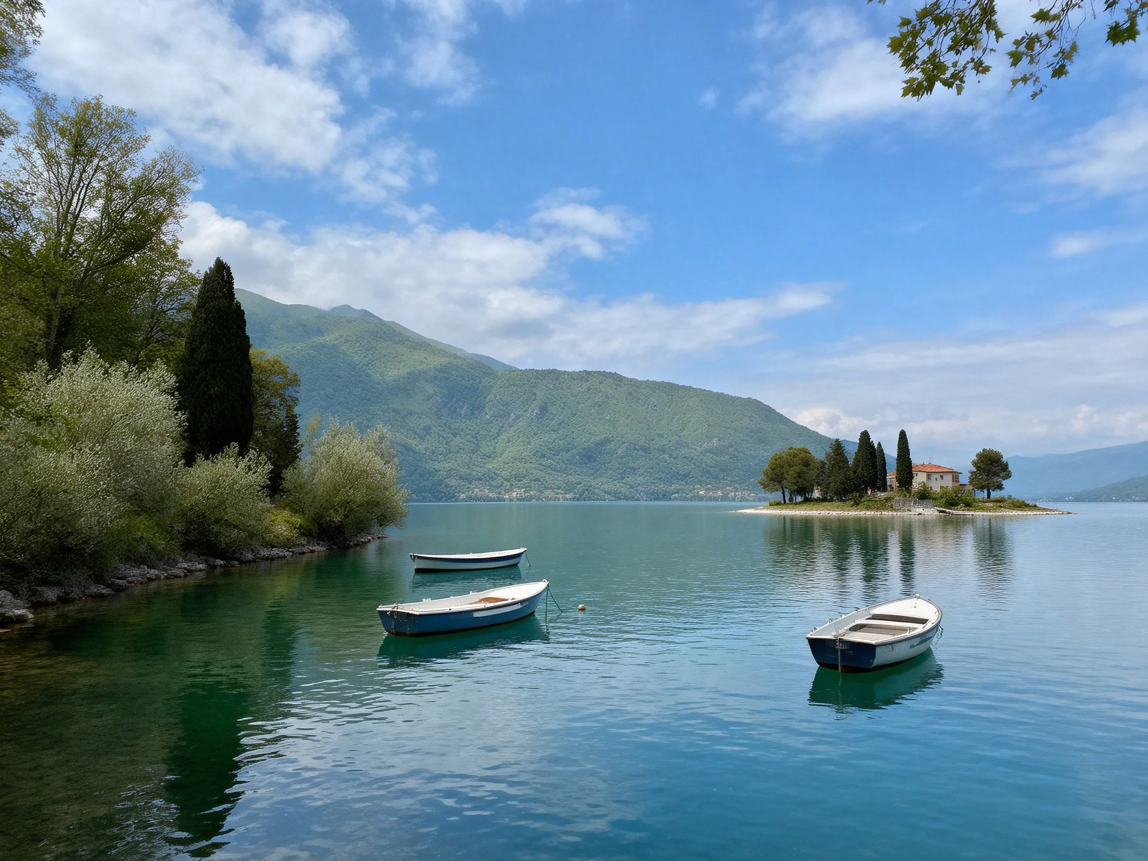 Three boats float on calm turquoise lake with forested shoreline