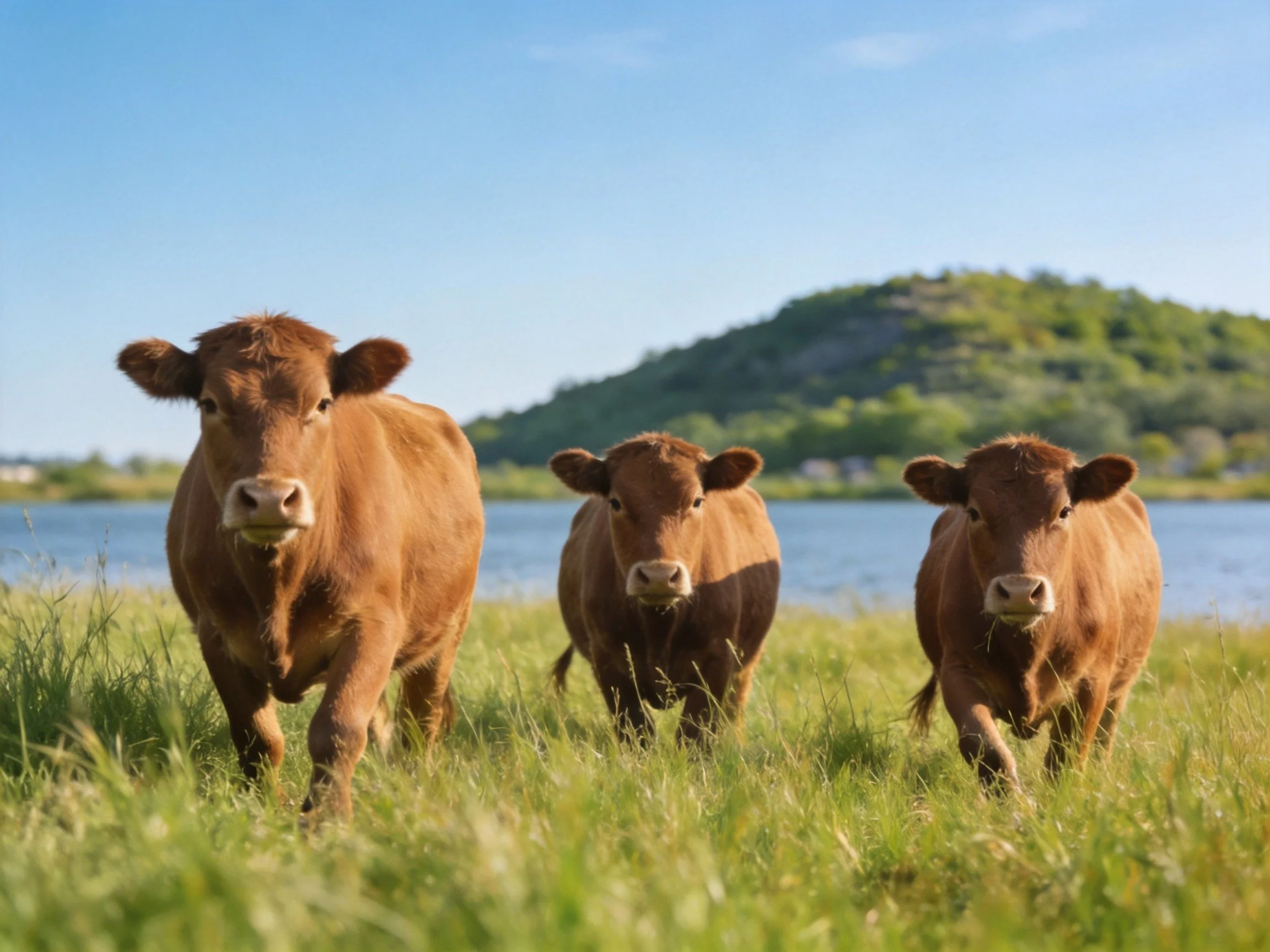 Three brown cows walk through tall green grass near a calm lake