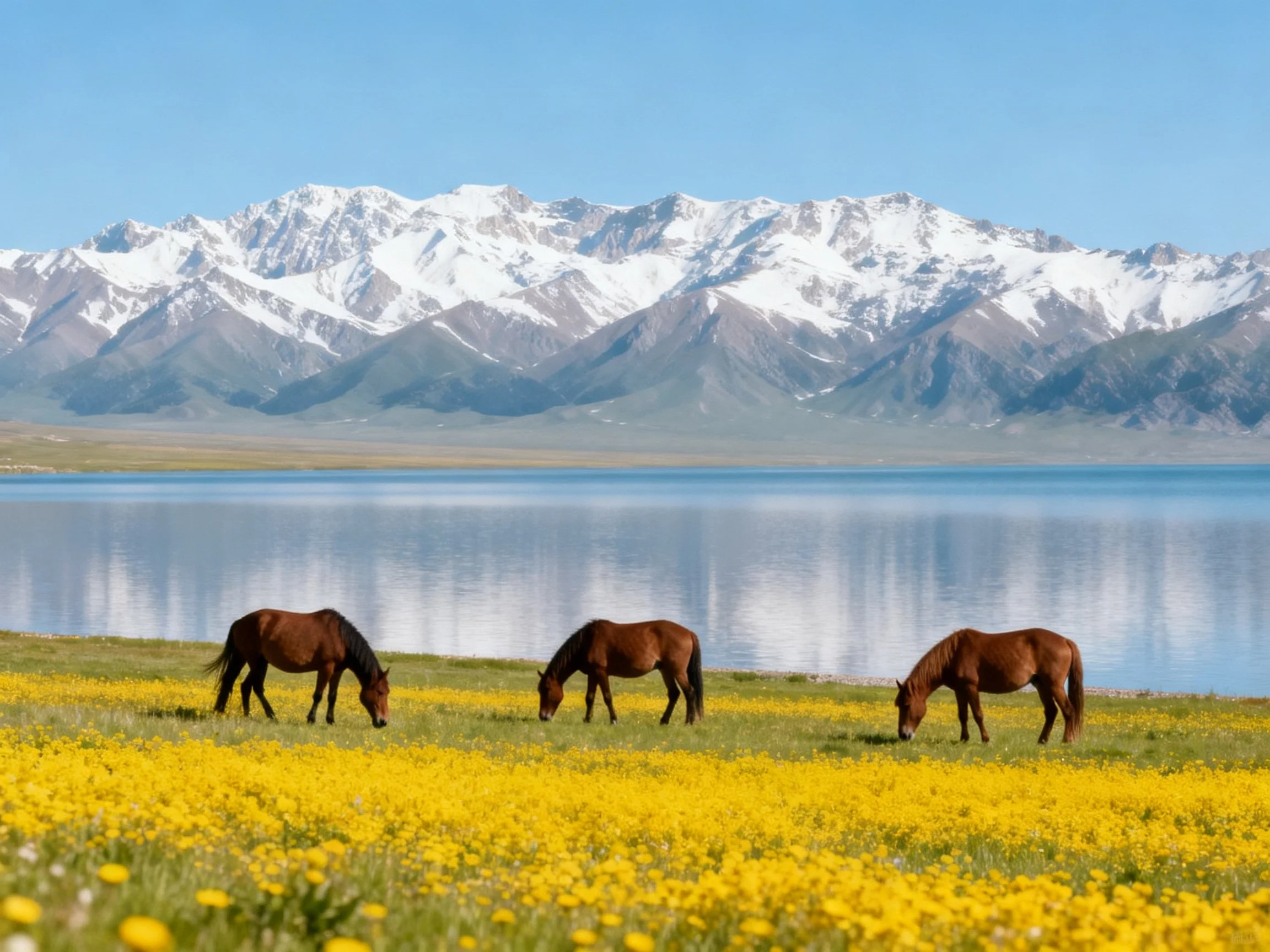 Three brown horses graze amid yellow wildflowers by a blue lake with snow-capped mountains.