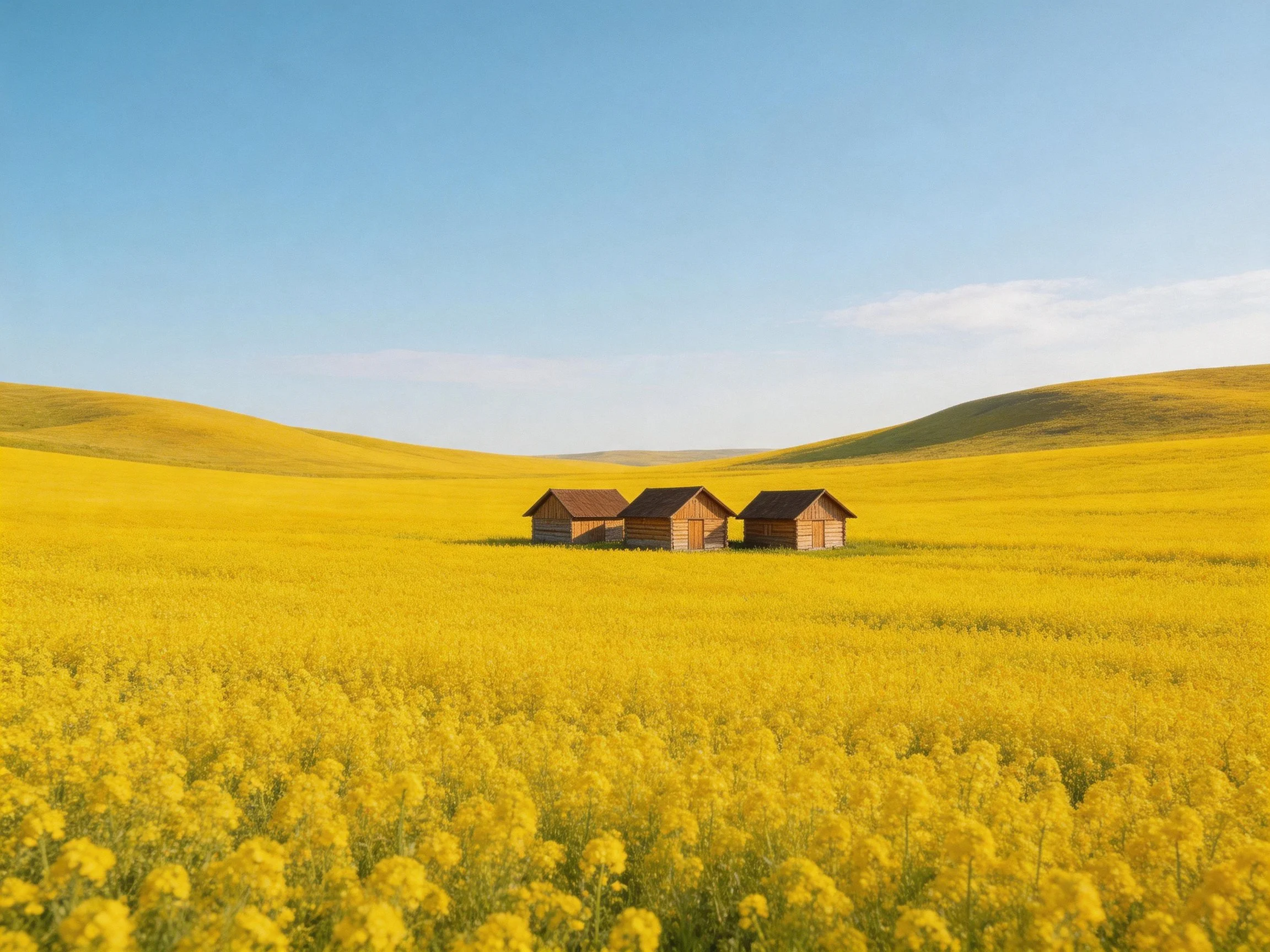 Three cabins amidst sprawling golden flower fields and rolling hills