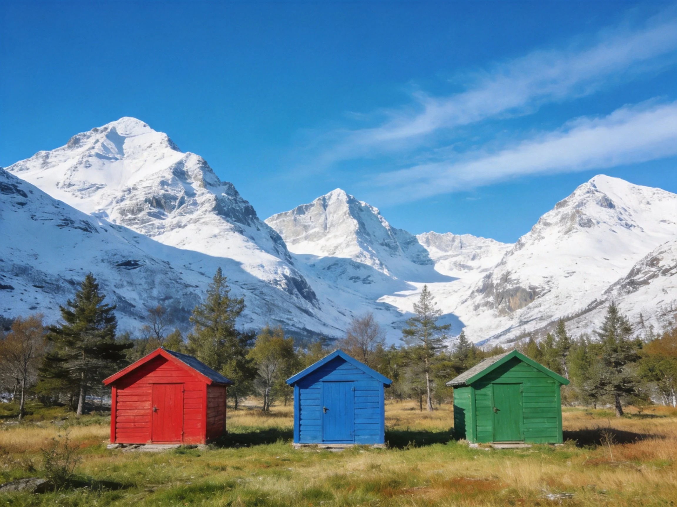Three colored cabins near snow-capped mountain peaks