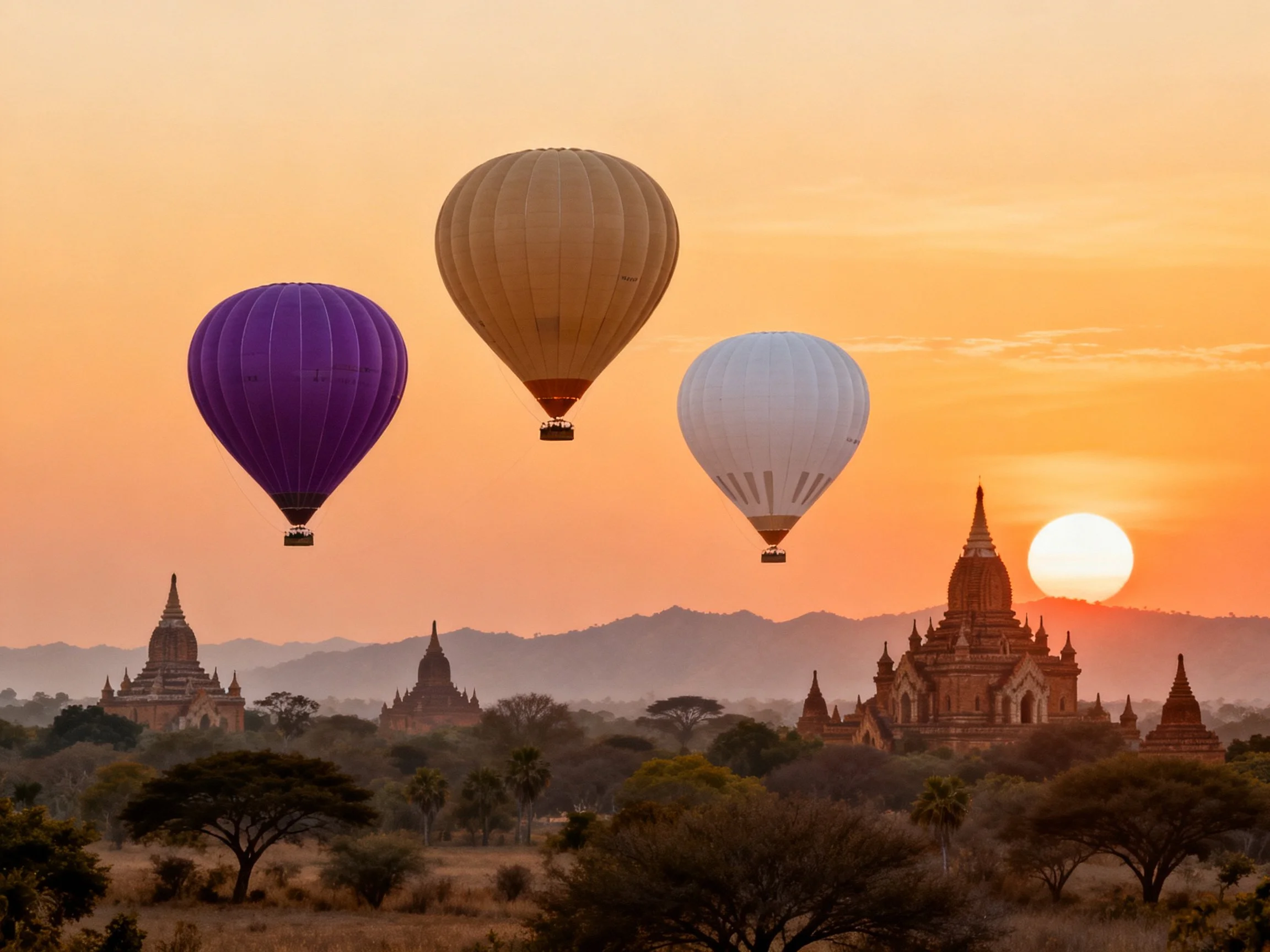 Three colored hot air balloons float above ancient temple ruins at sunset