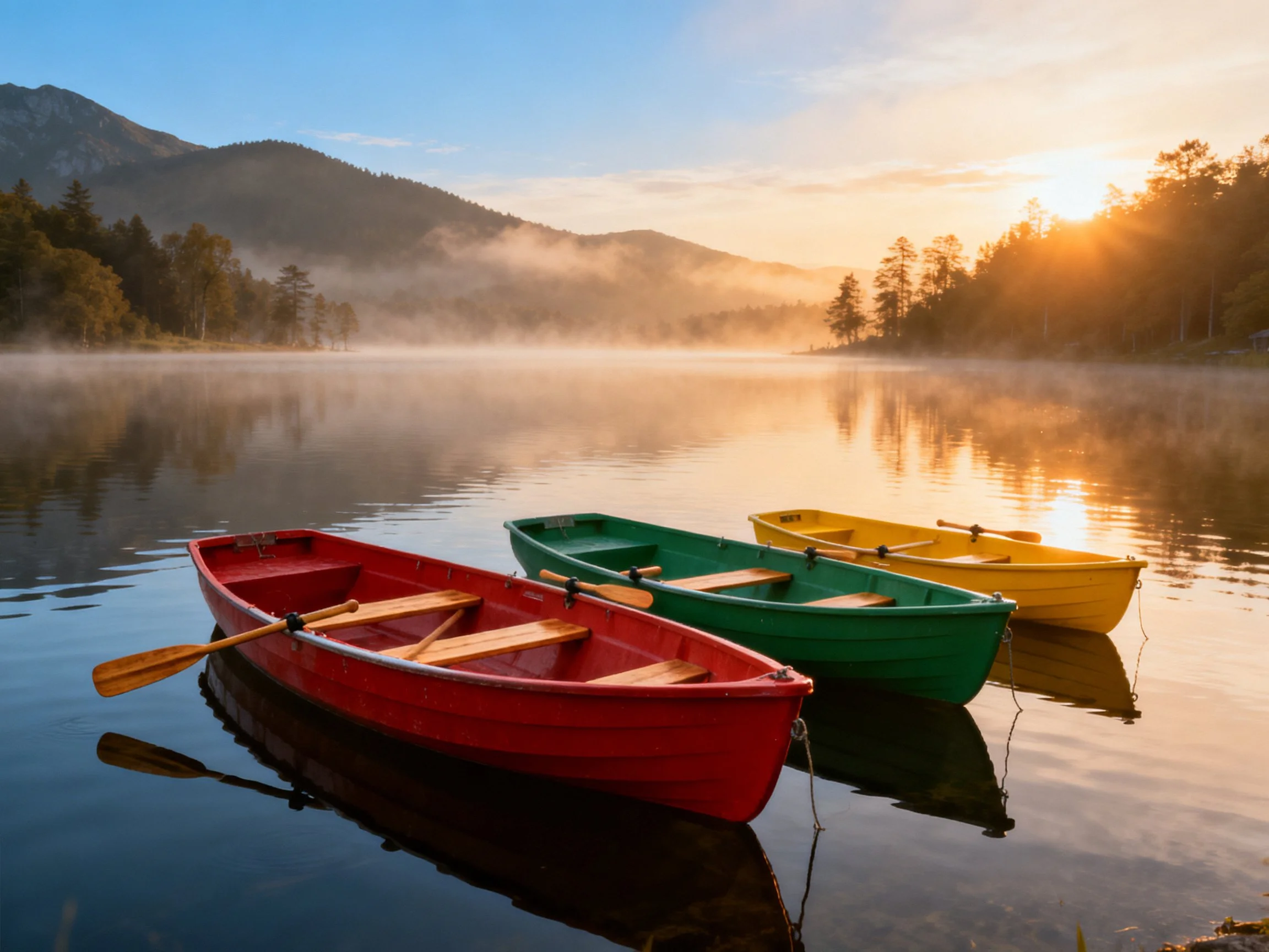 Three colored rowboats rest on calm lake waters during sunrise