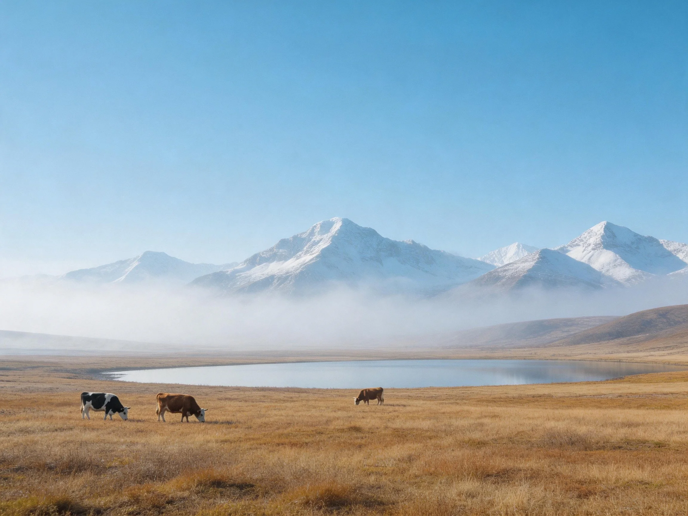 Three cows graze near a misty lake with snow-capped mountains