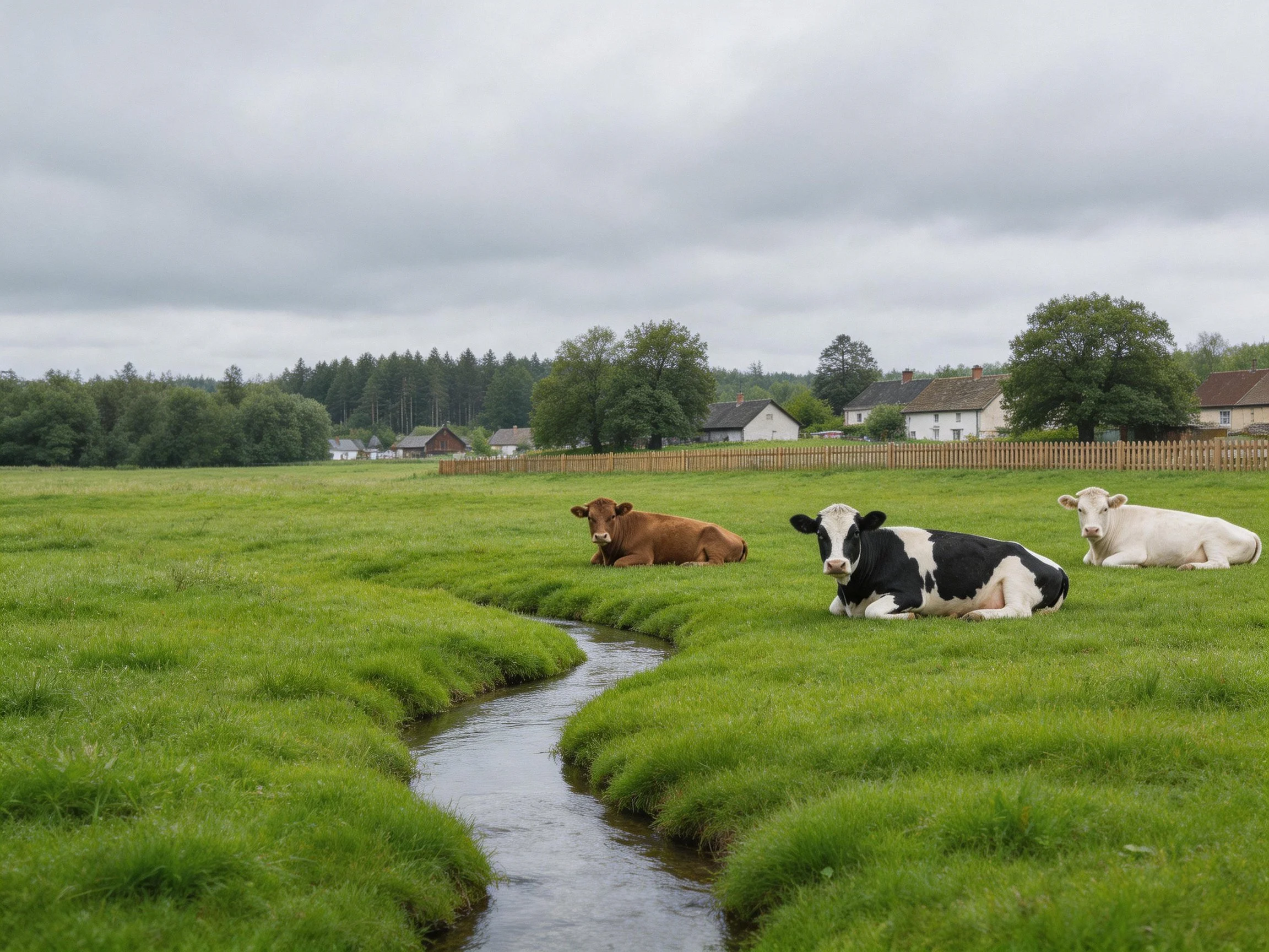 Three cows rest near a winding stream in a lush green pasture