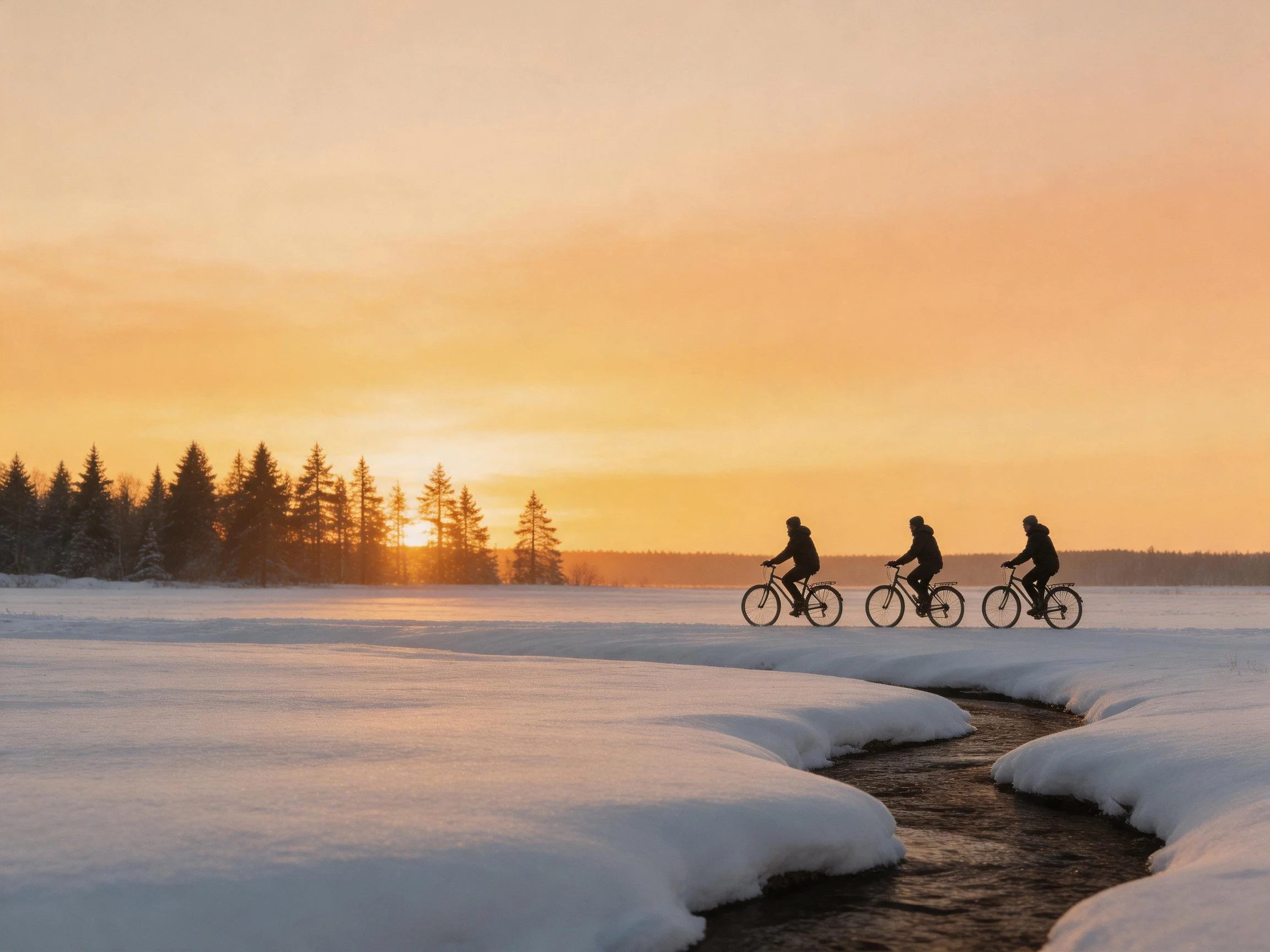 Three cyclists ride bikes across snowy winter landscape at sunset