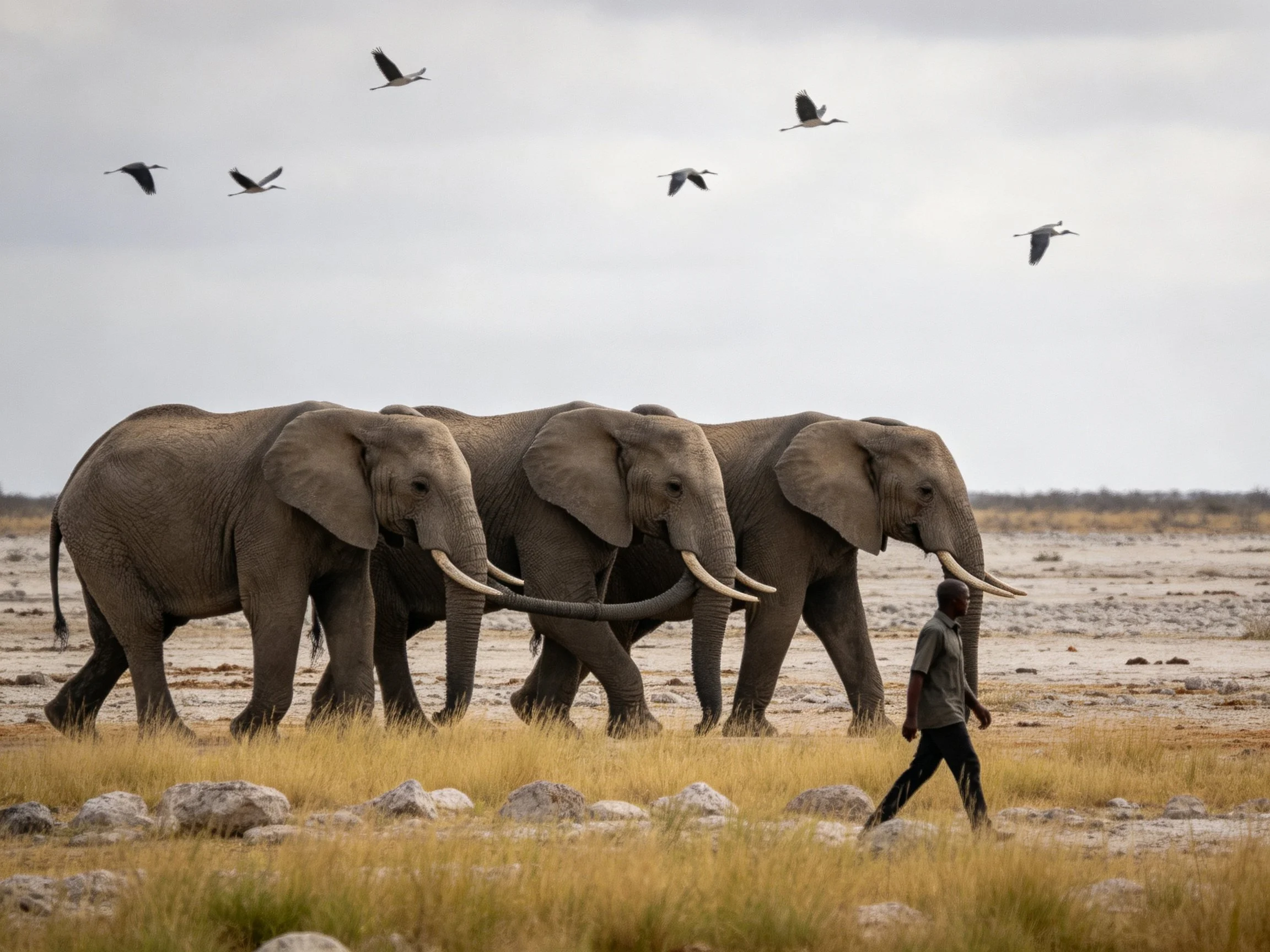 Three elephants walk alongside a man with birds flying over an open savannah.