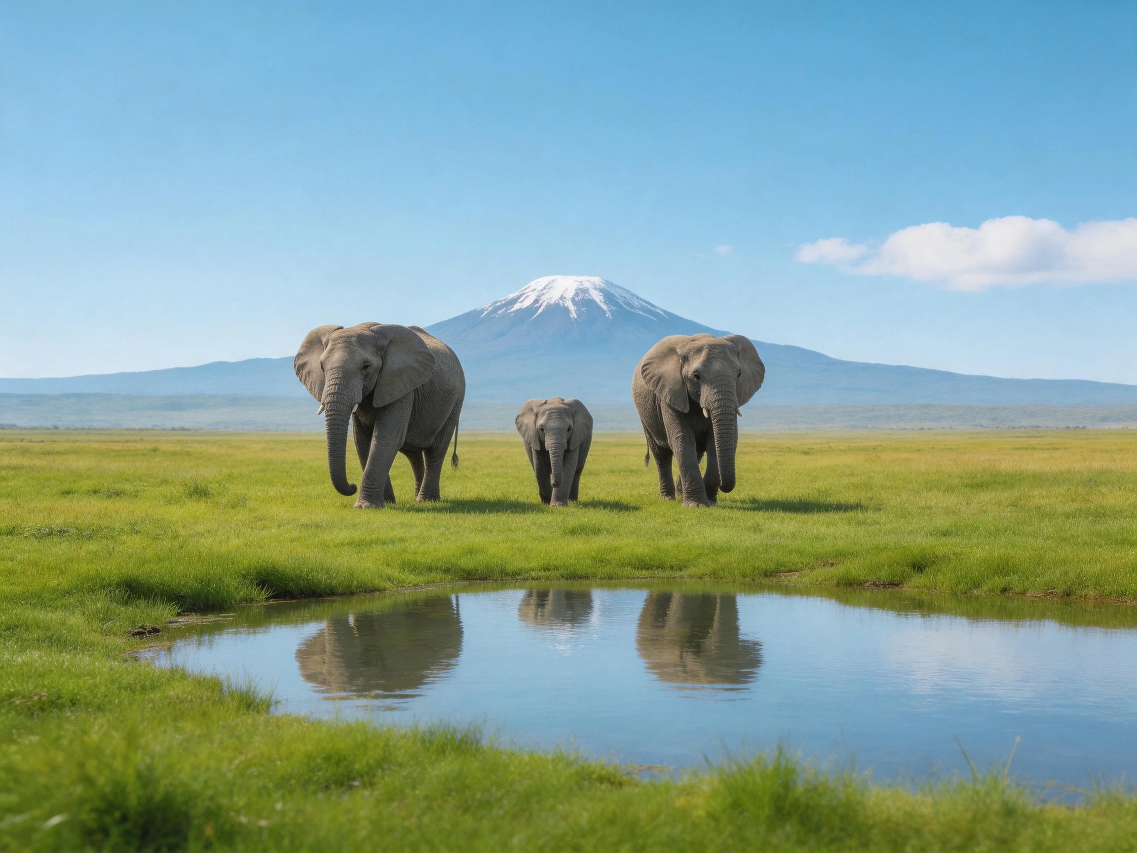 Three elephants walk near a pond with a snow - capped mountain backdrop