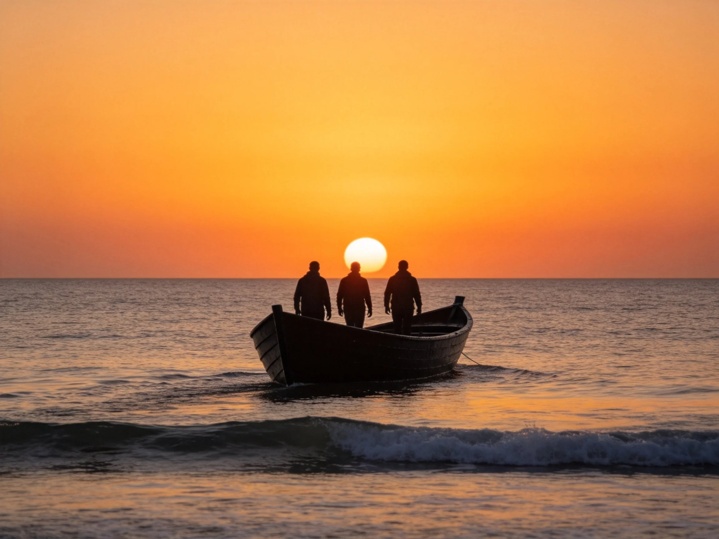 Three figures in a small boat during vibrant orange sunset over calm sea