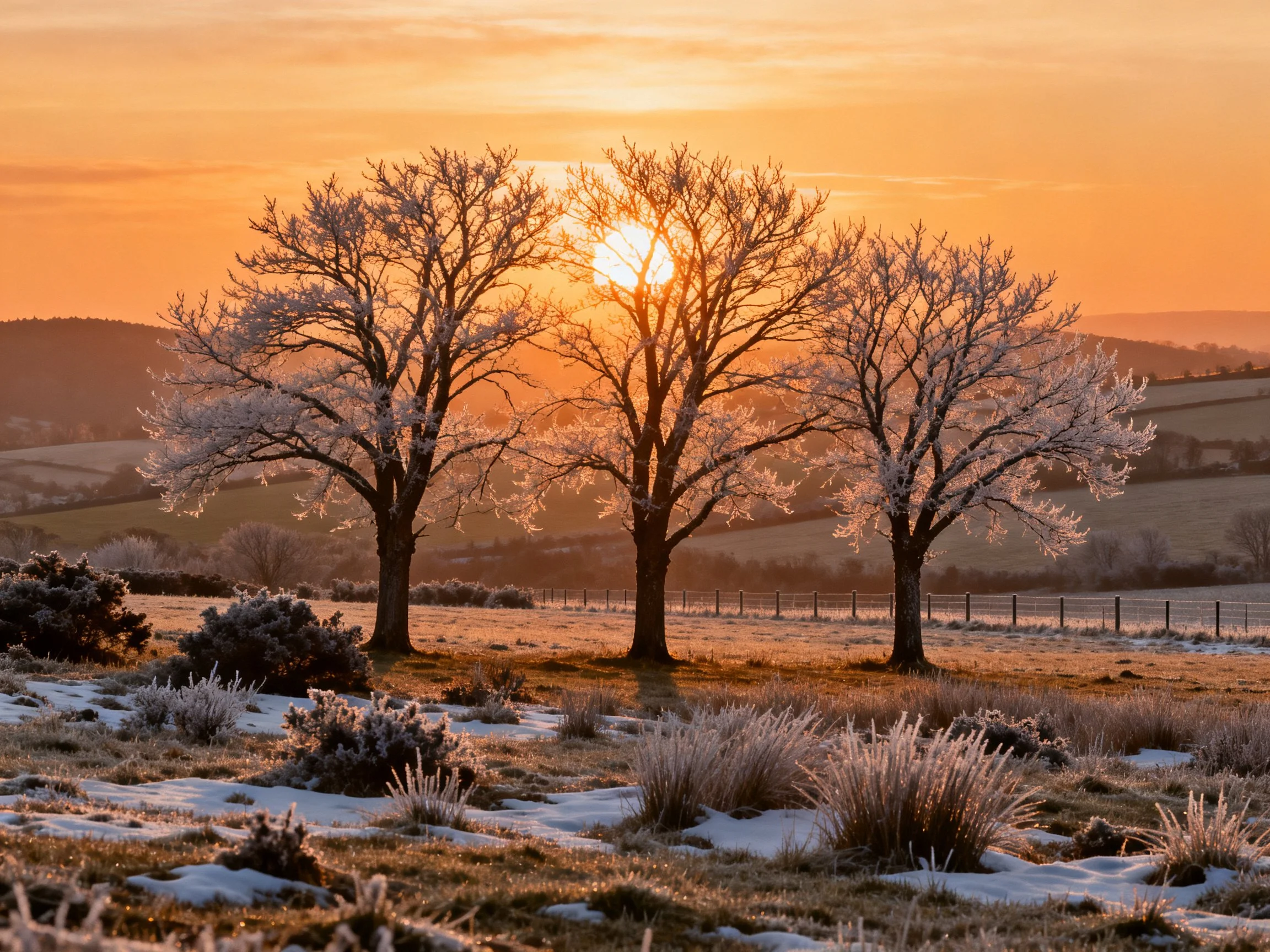 Three frost-covered trees against a golden sunset over rolling hills