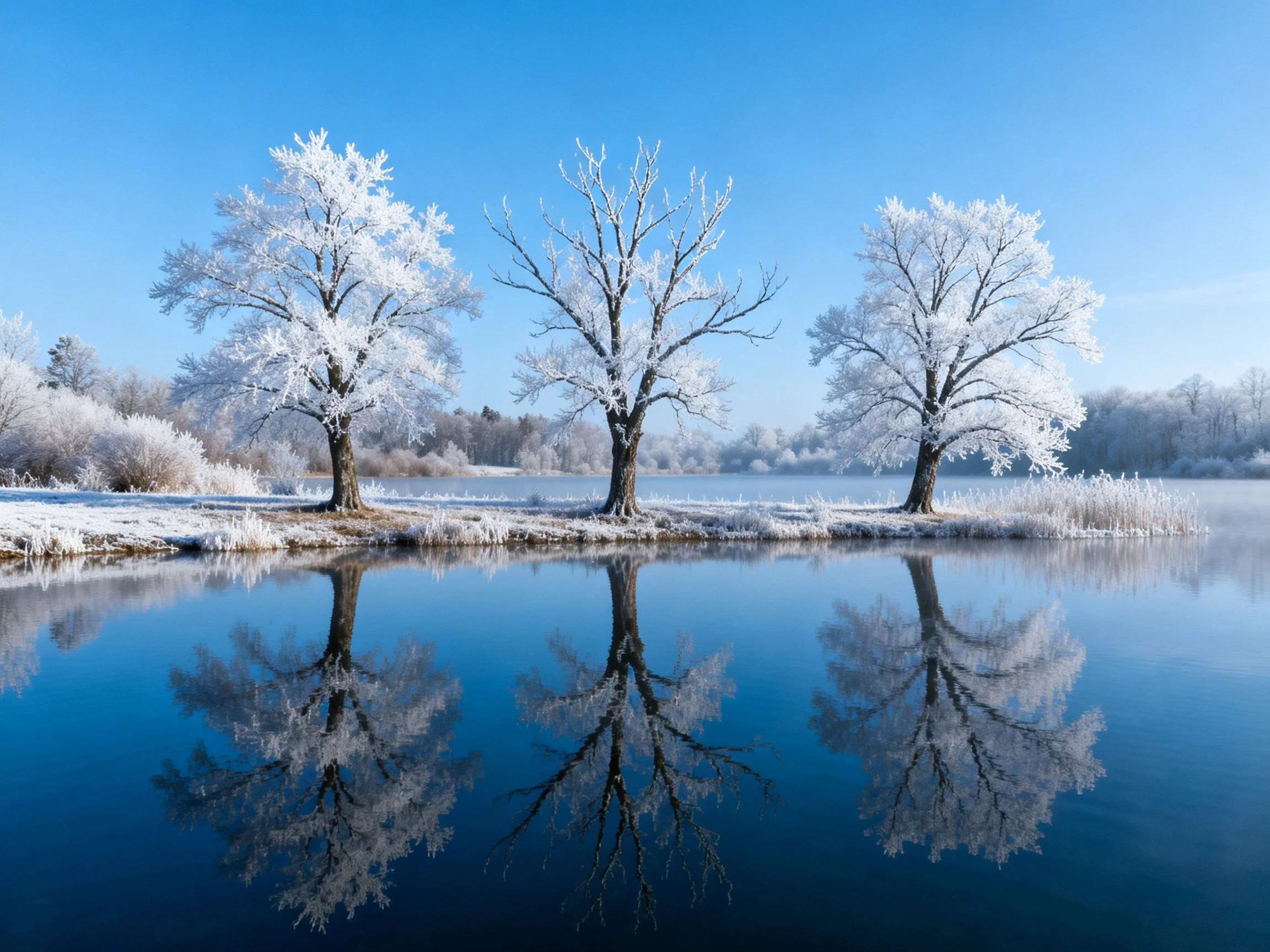 Three frost-covered trees reflect in a serene winter lake