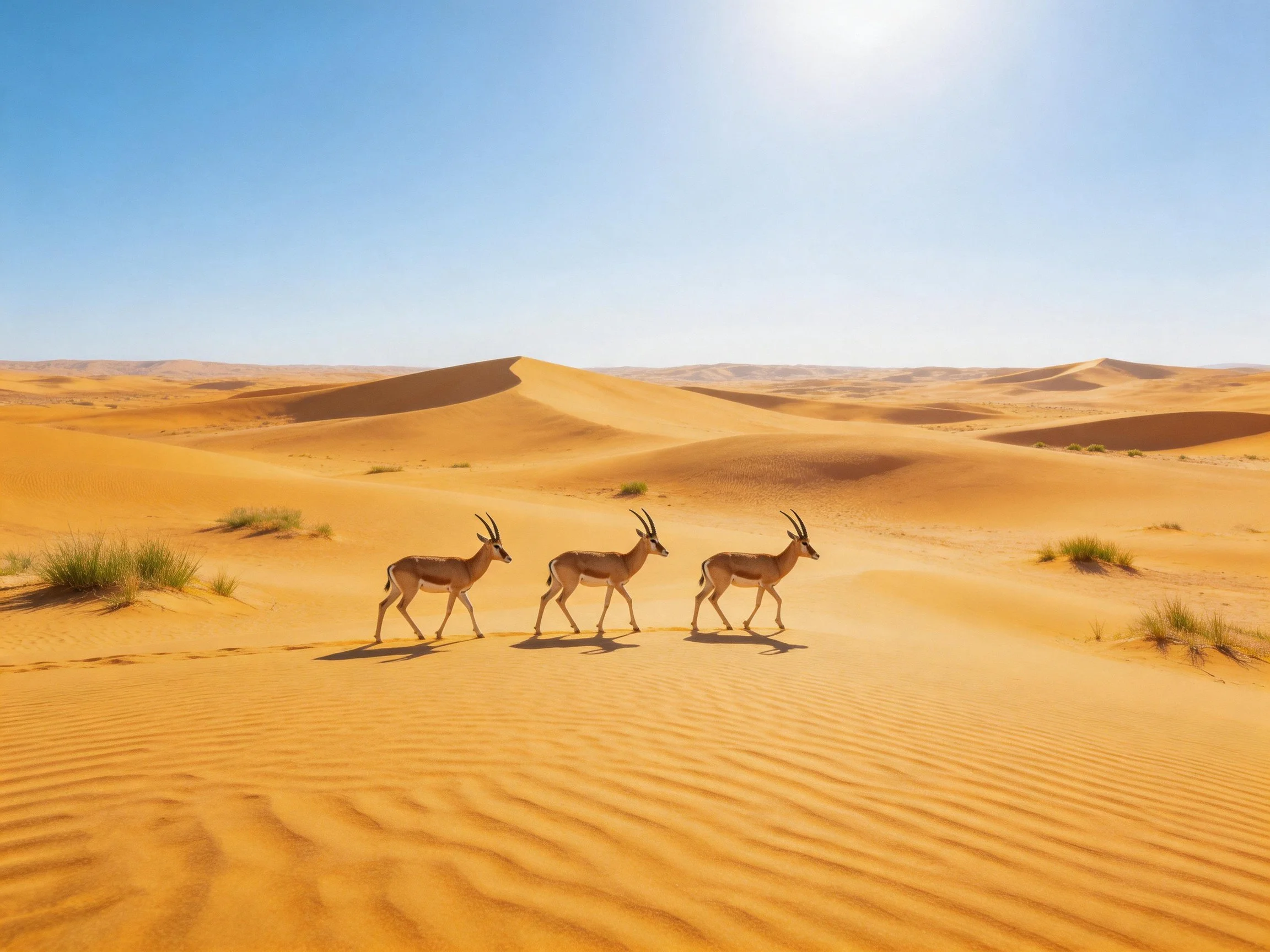 Three gazelles traverse golden sand dunes under a clear blue sky