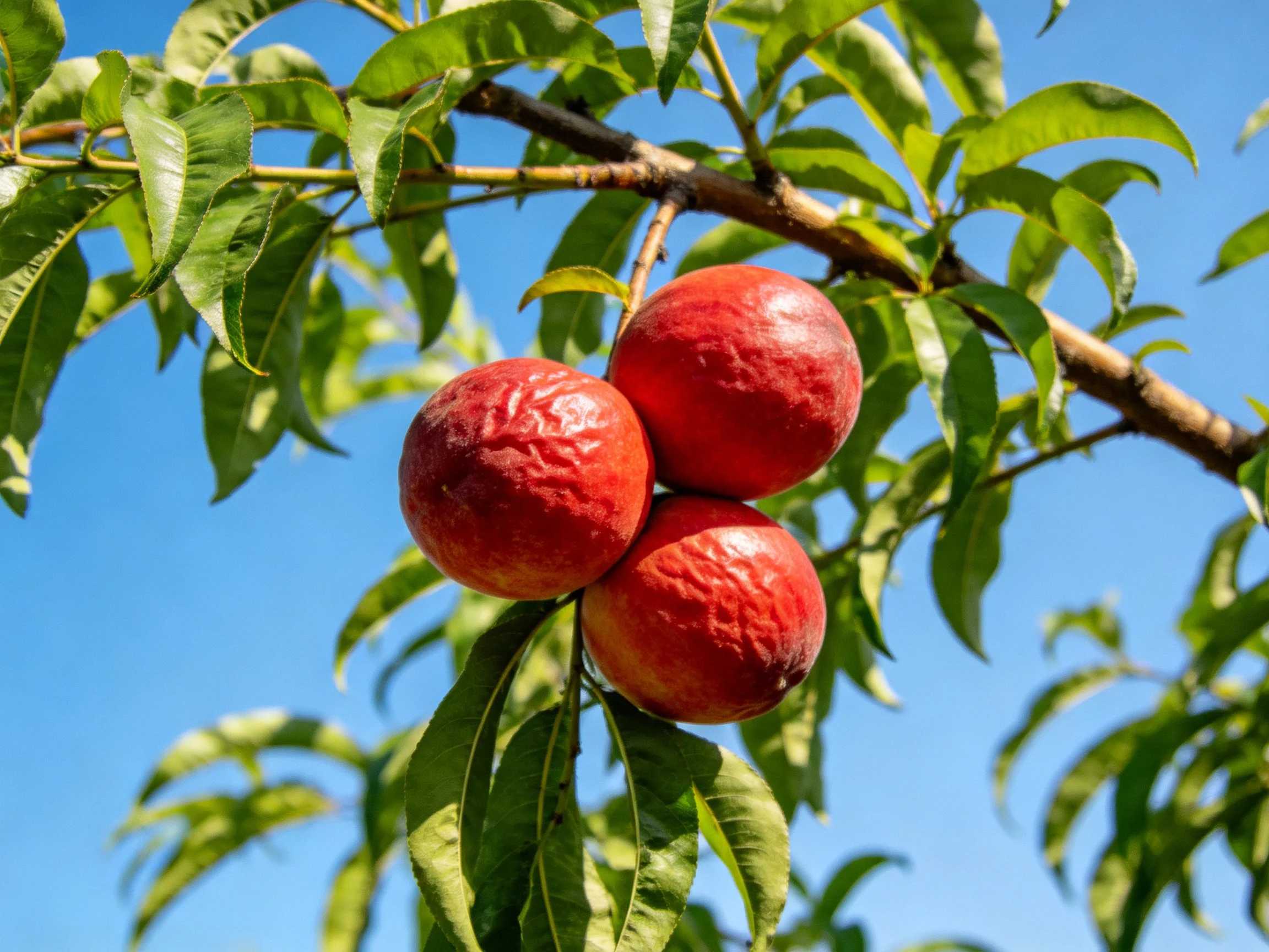 Three glossy red fruits cluster on a leafy tree branch