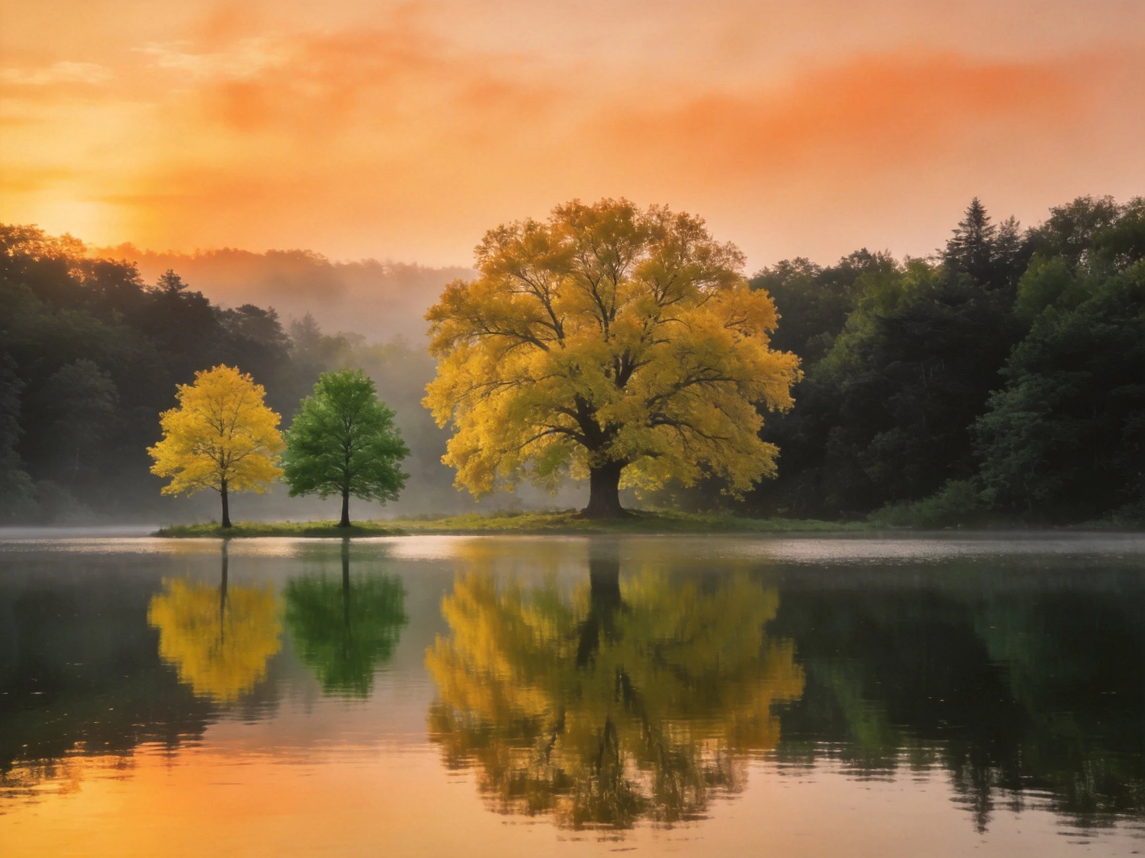 Three golden and green trees reflect in calm lake at sunrise