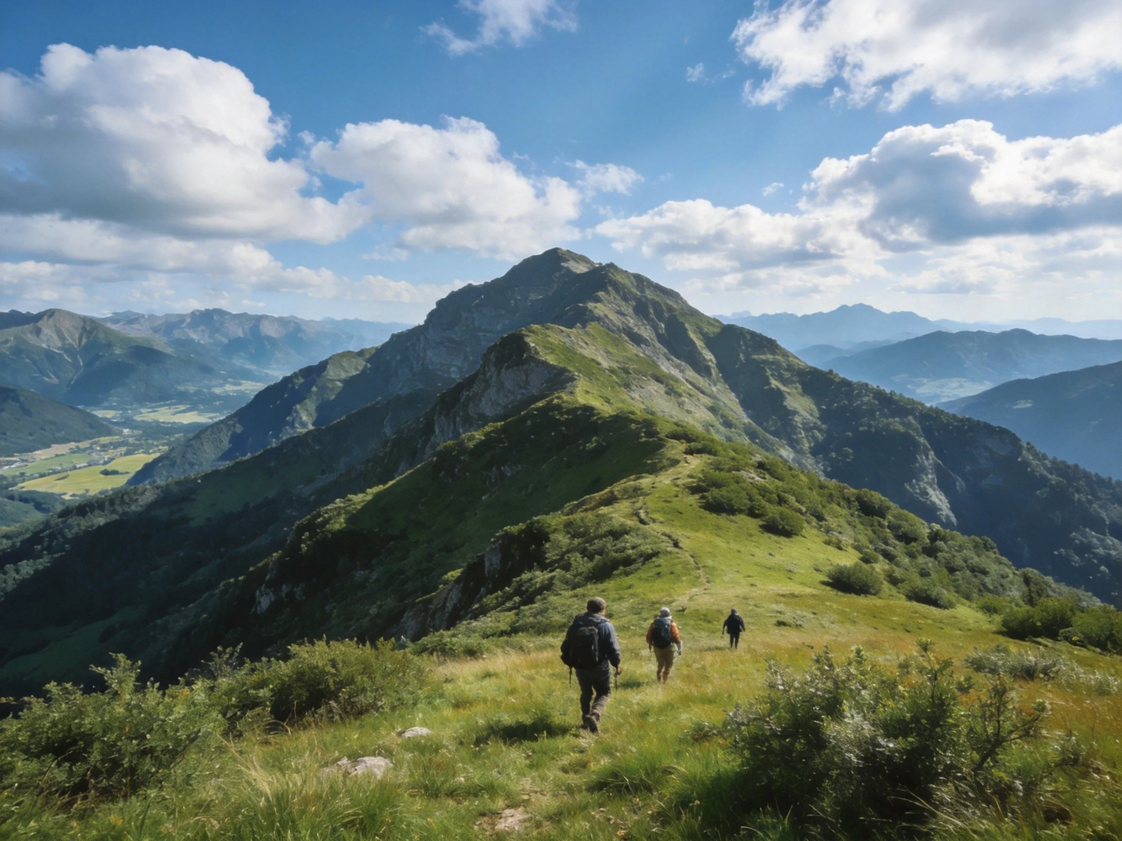 Three hikers explore a verdant mountain ridge with distant peaks