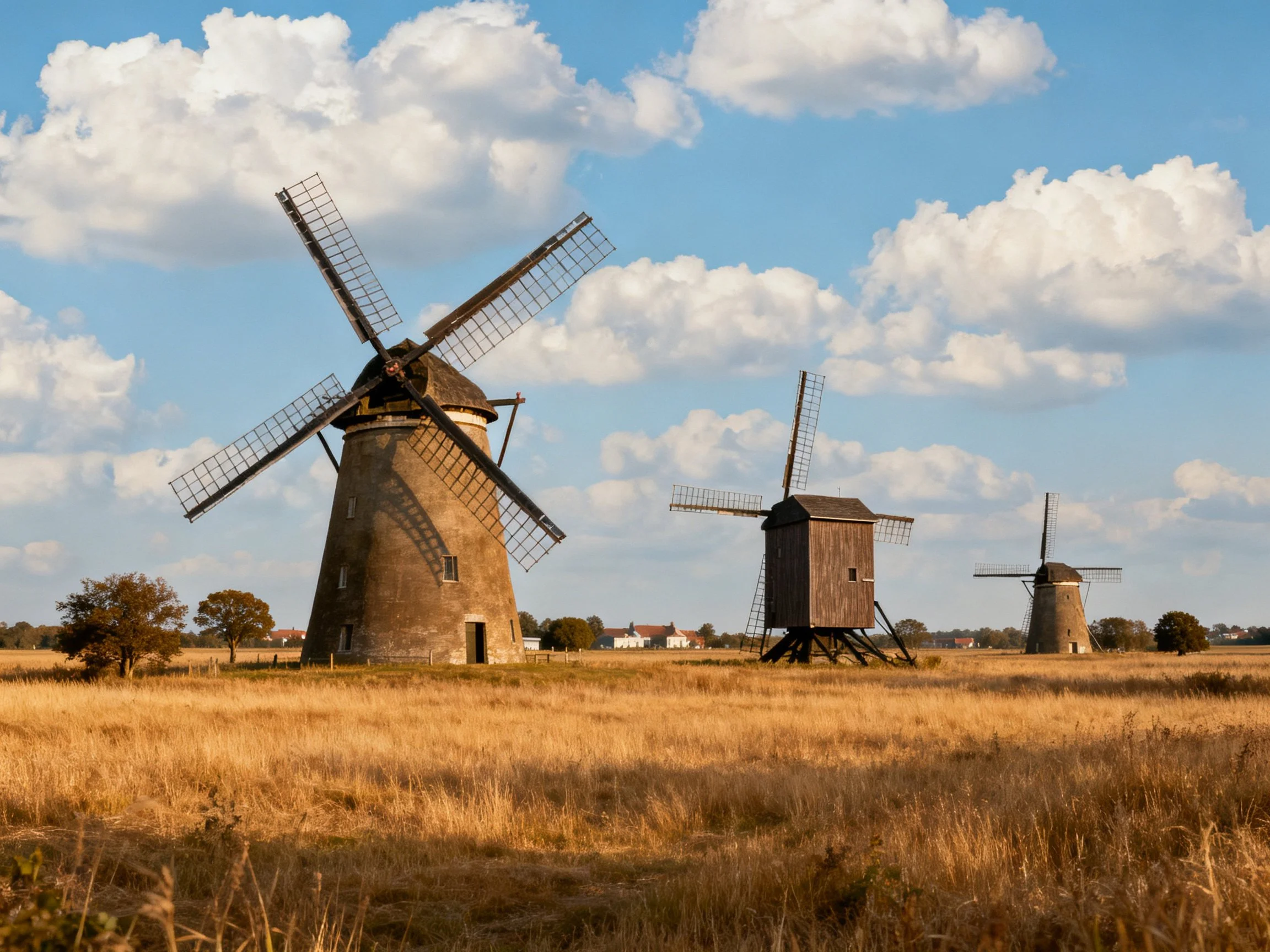 Three historic windmills in golden fields under bright blue skies