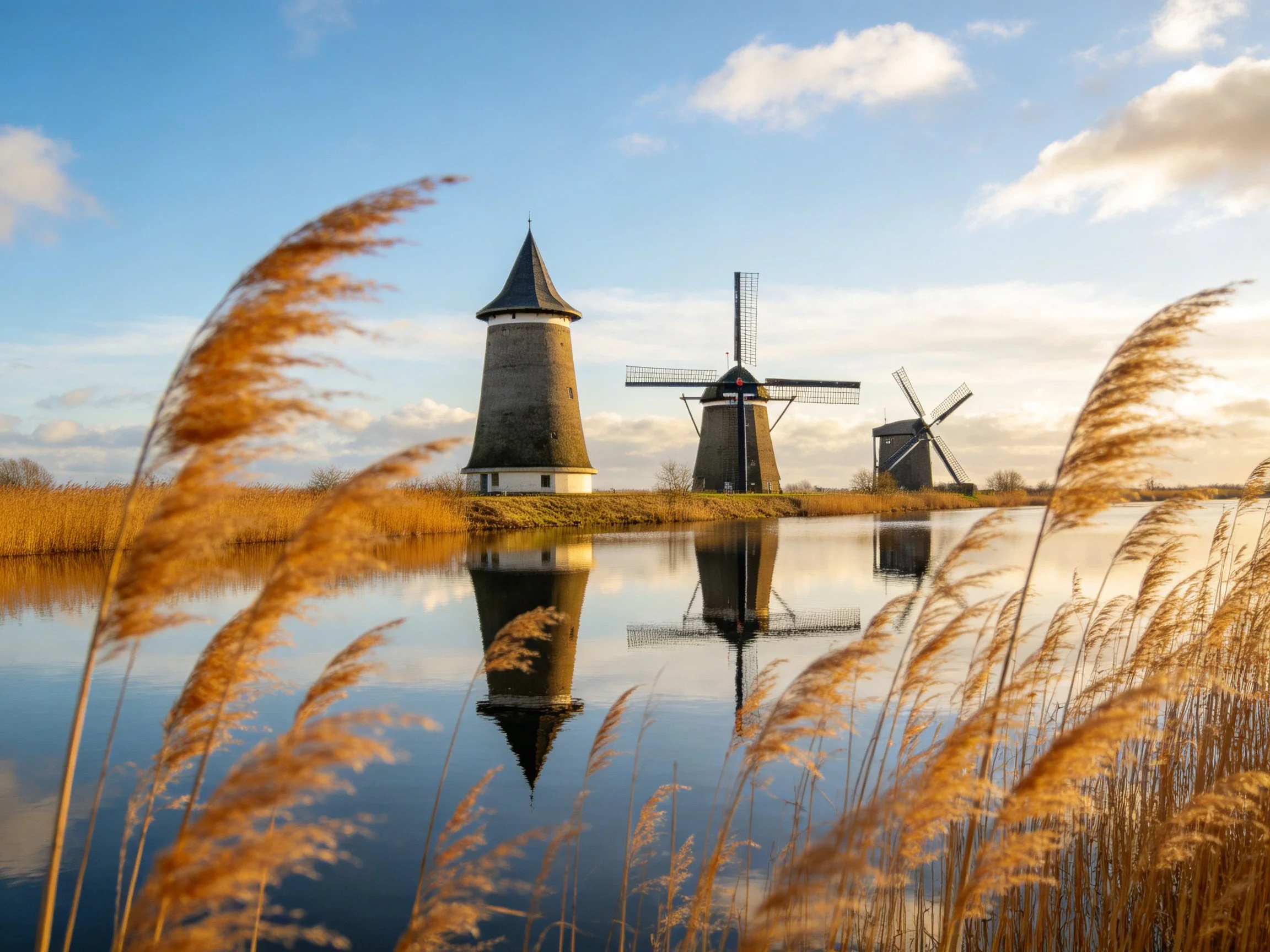 Three historic windmills reflected in calm water with golden reeds