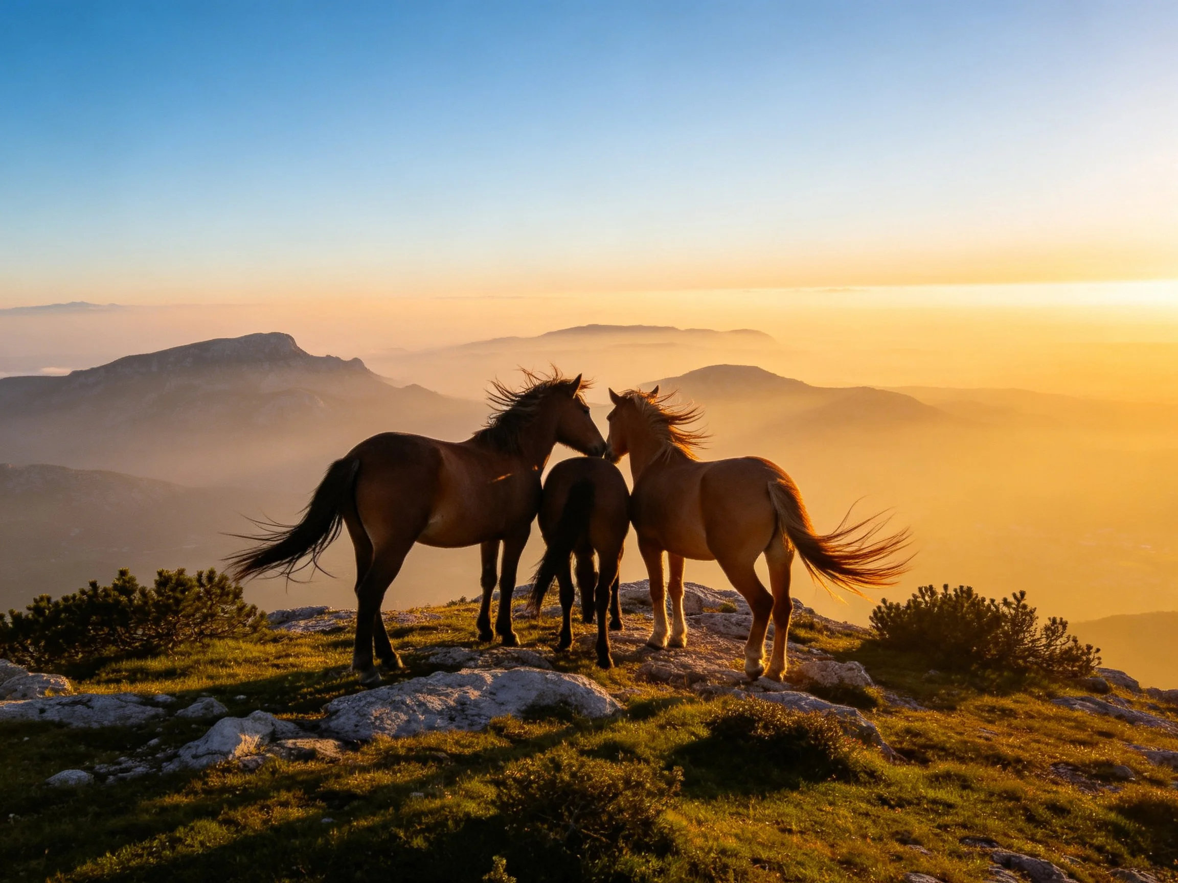 Three horses grouped on a rocky mountaintop under golden sunset light
