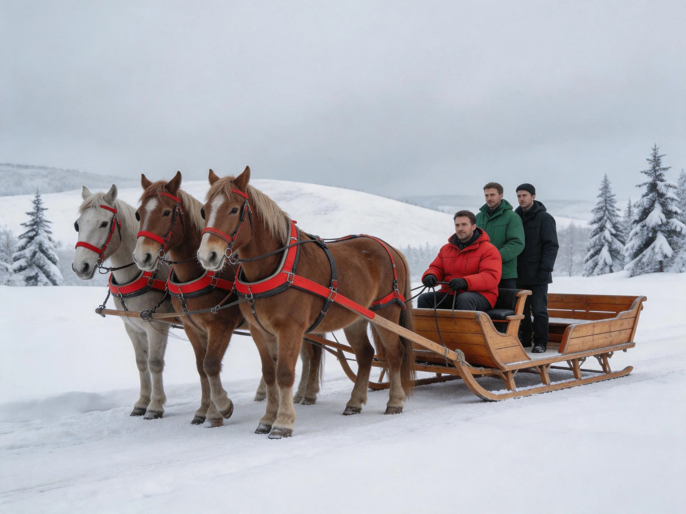 Three horses pull a wooden sled with passengers in a snowy landscape.