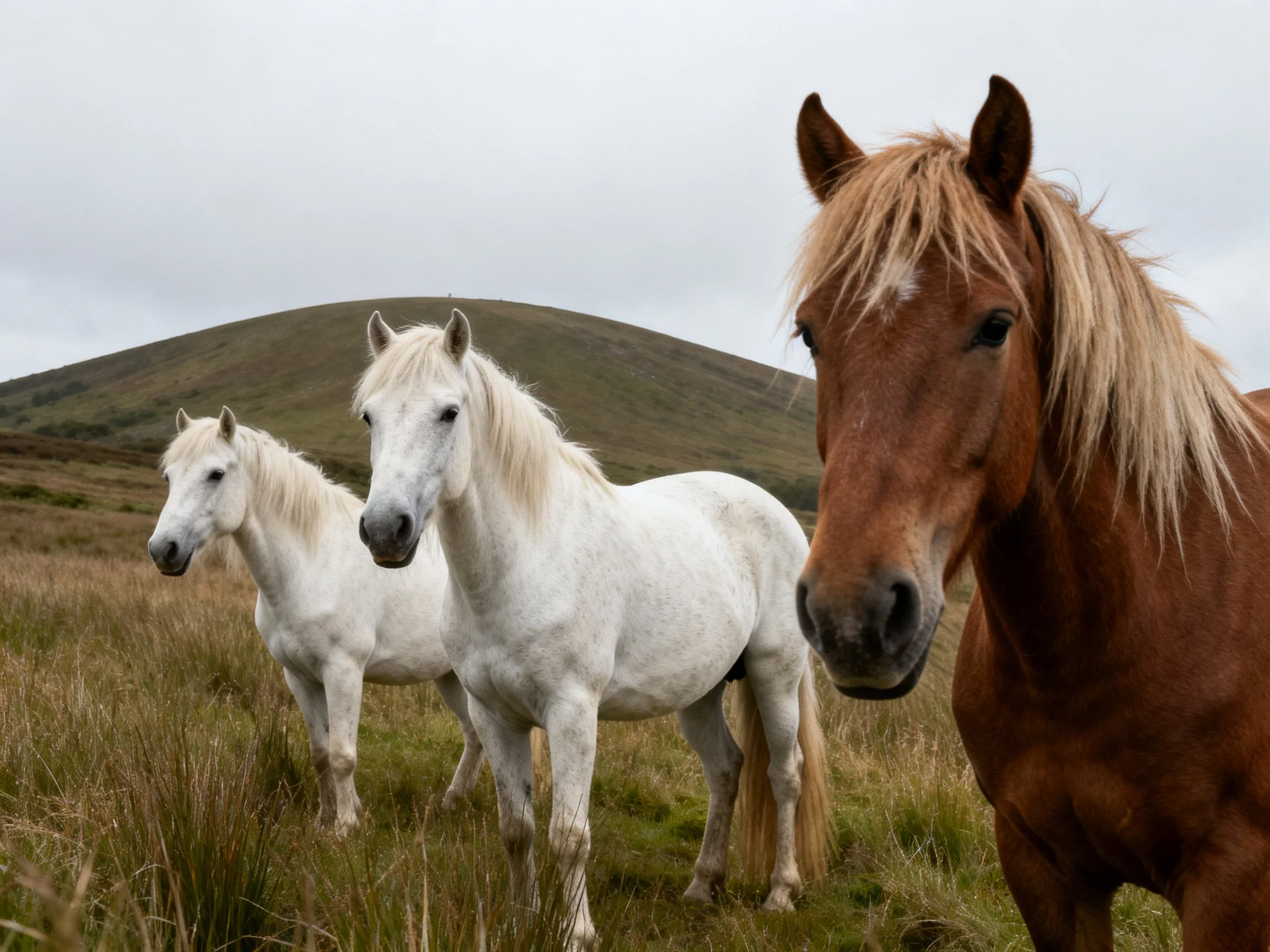 Three horses, two white and one brown, in a grassy field with rolling hills.