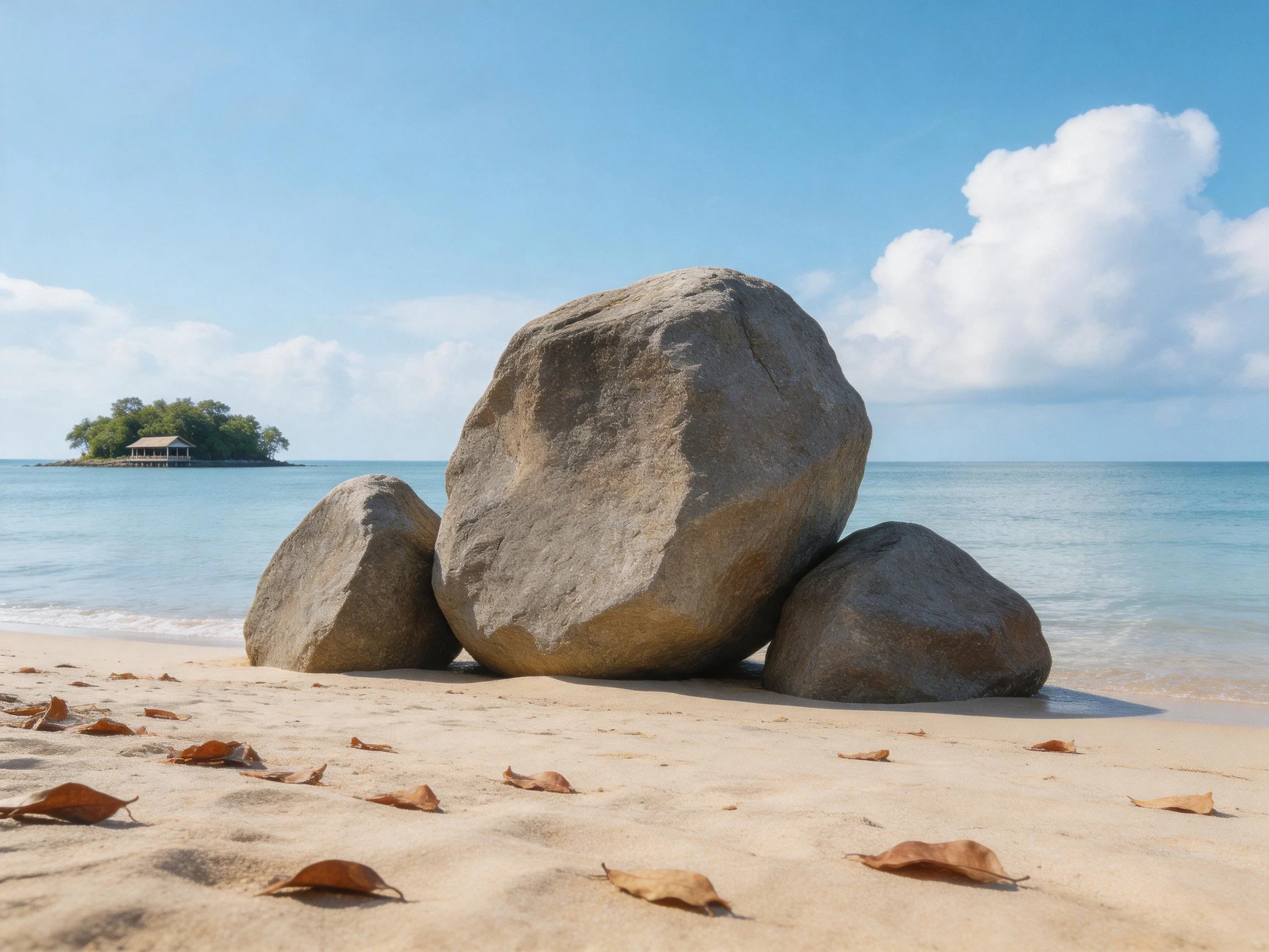 Three large boulders rest on sandy shore near calm turquoise water