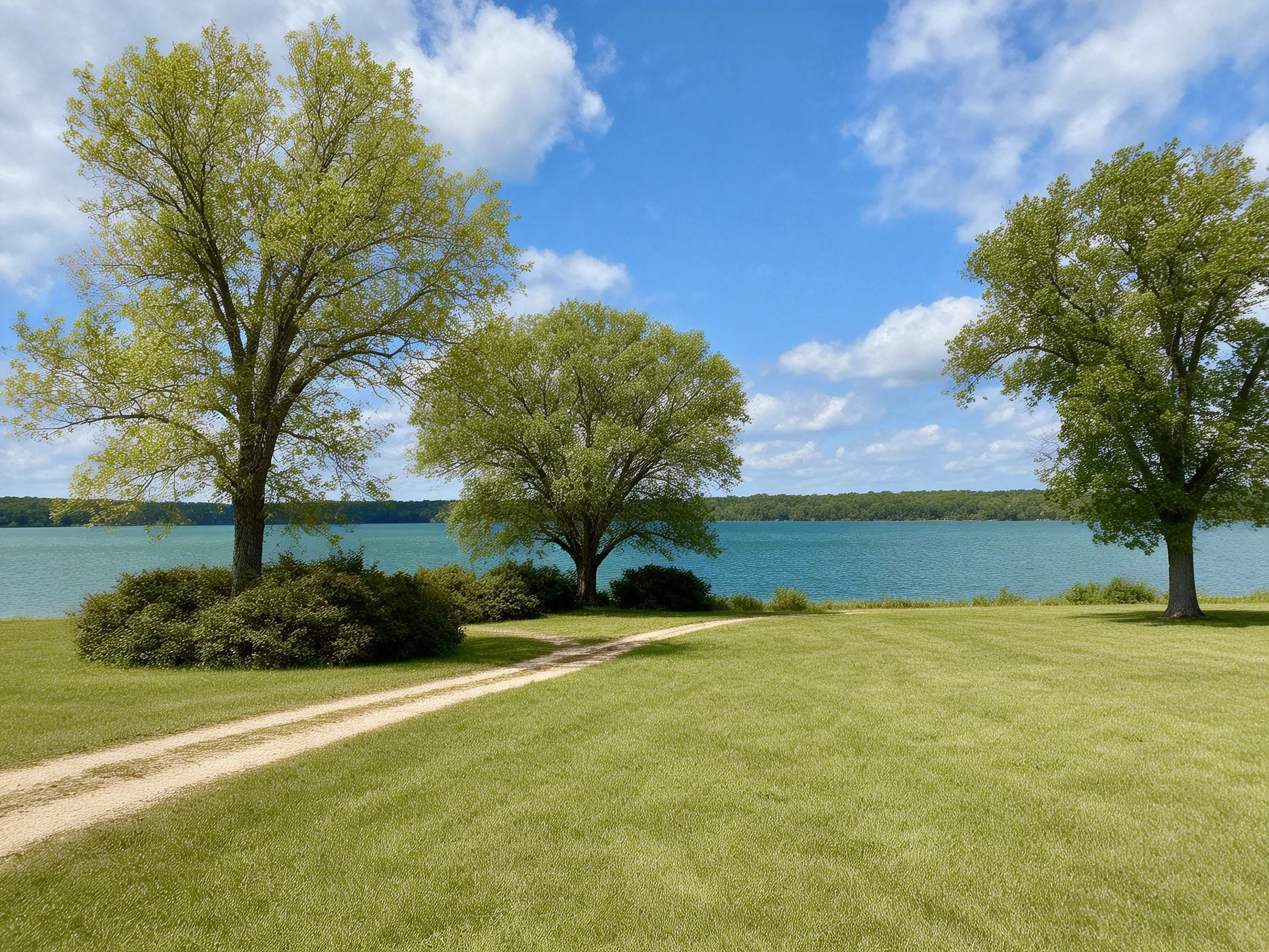 Three large green trees beside a calm blue lake with a dirt path