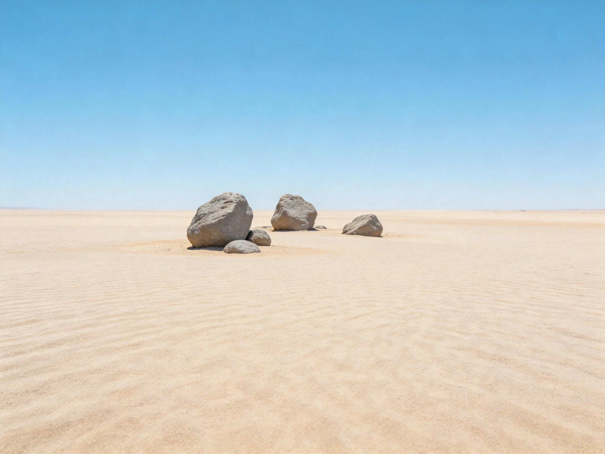 Three large rocks and a small rock on vast sandy plain under clear blue sky