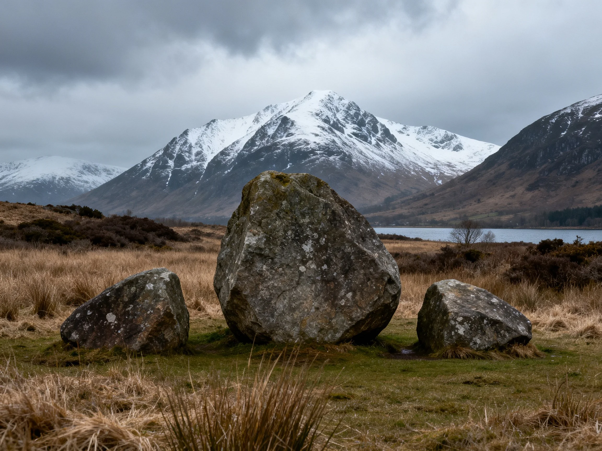 Three moss-covered boulders beside a snow-capped mountain
