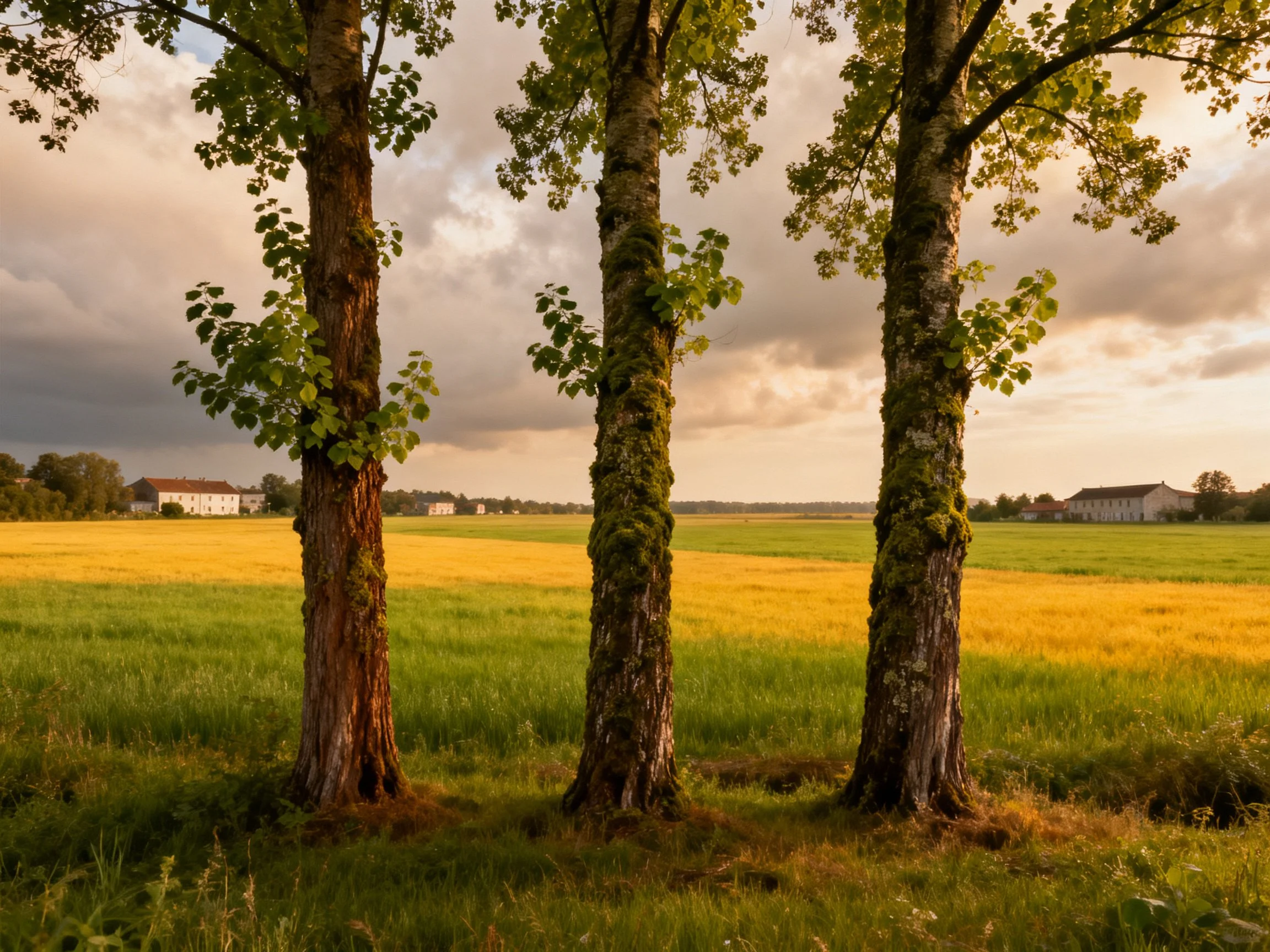 Three moss-covered trees by golden-green fields under cloudy skies