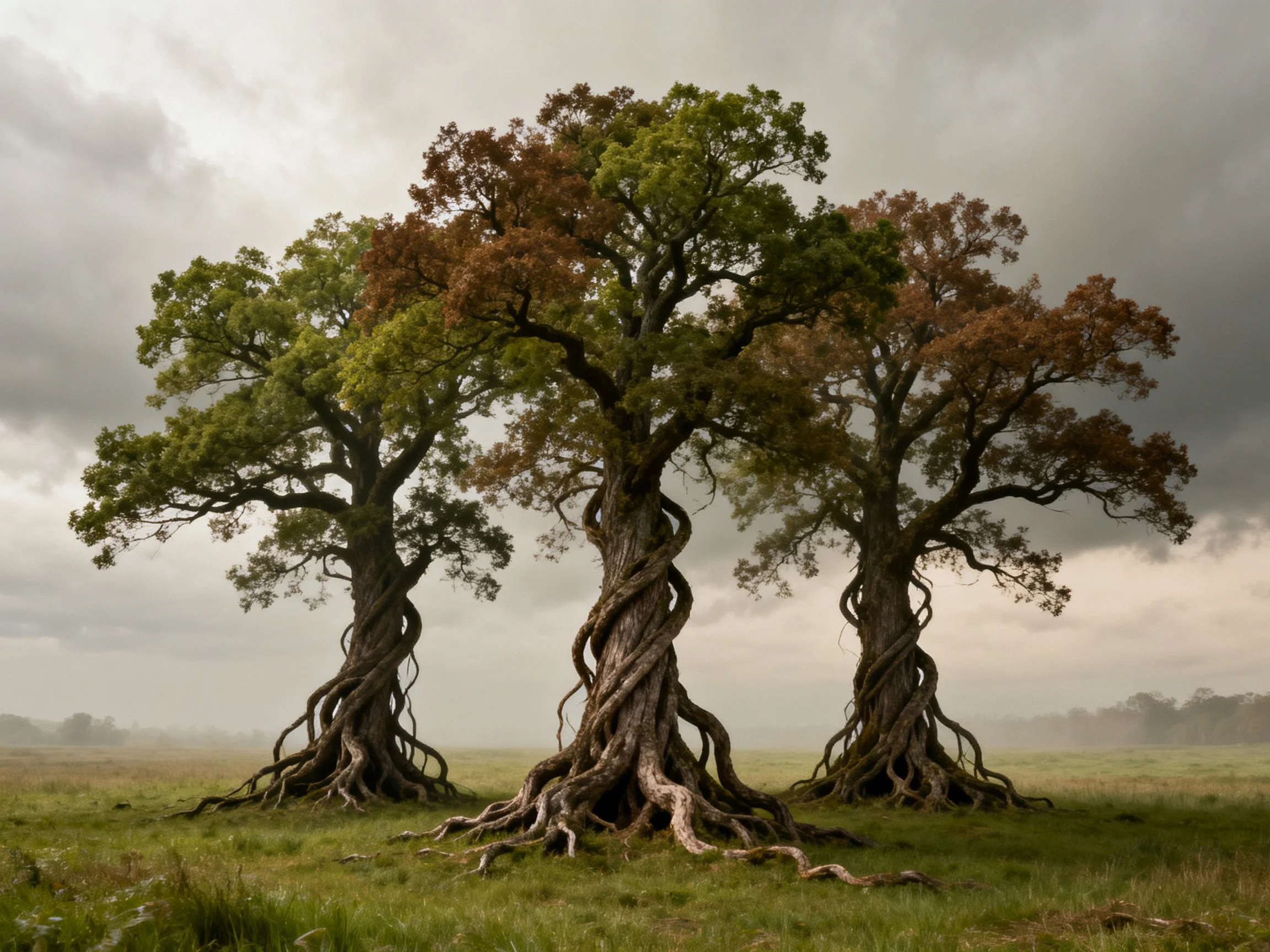 Three old trees with intertwined roots in a misty field