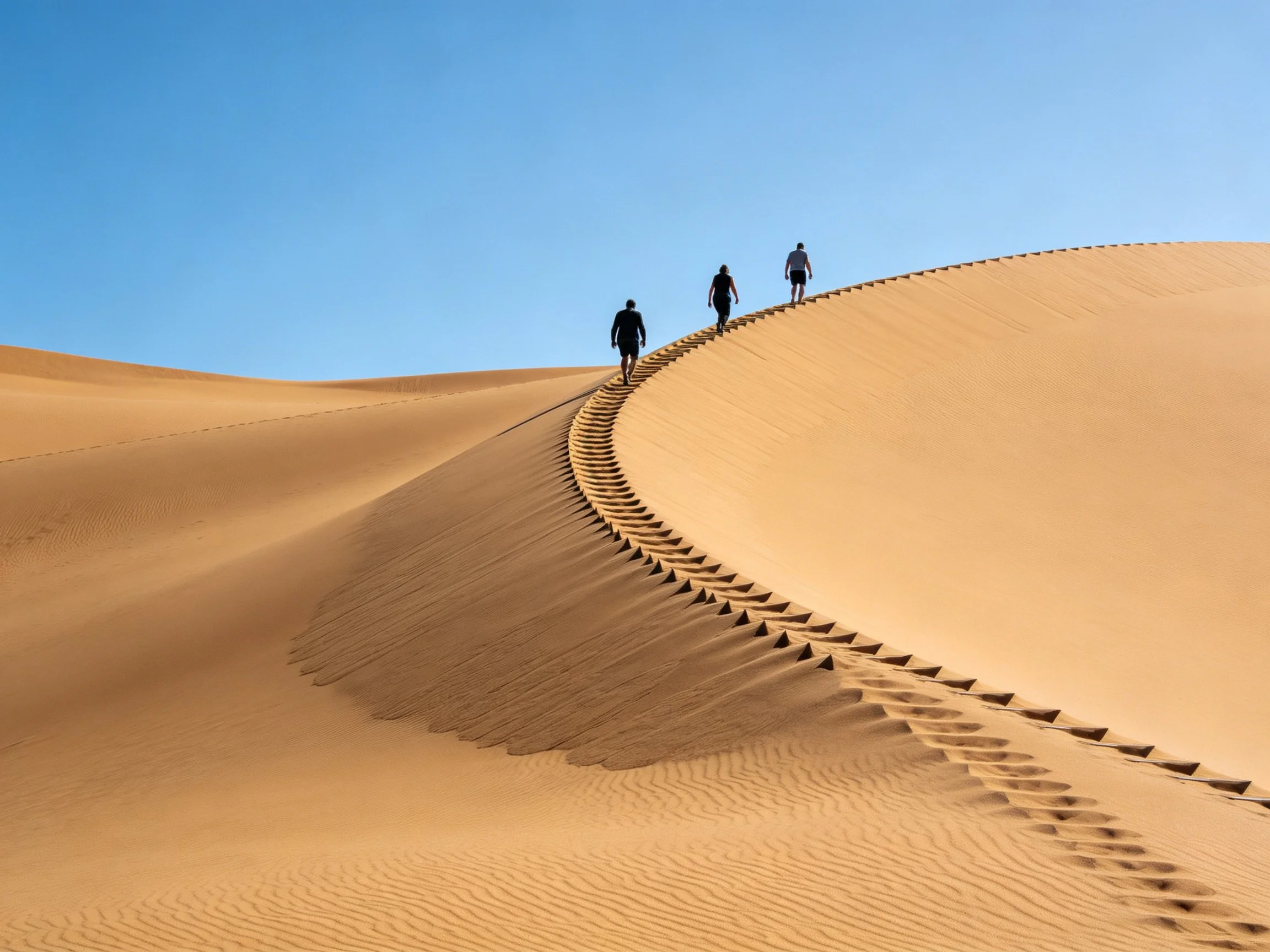 Three people hiking up golden sand dunes under clear blue sky