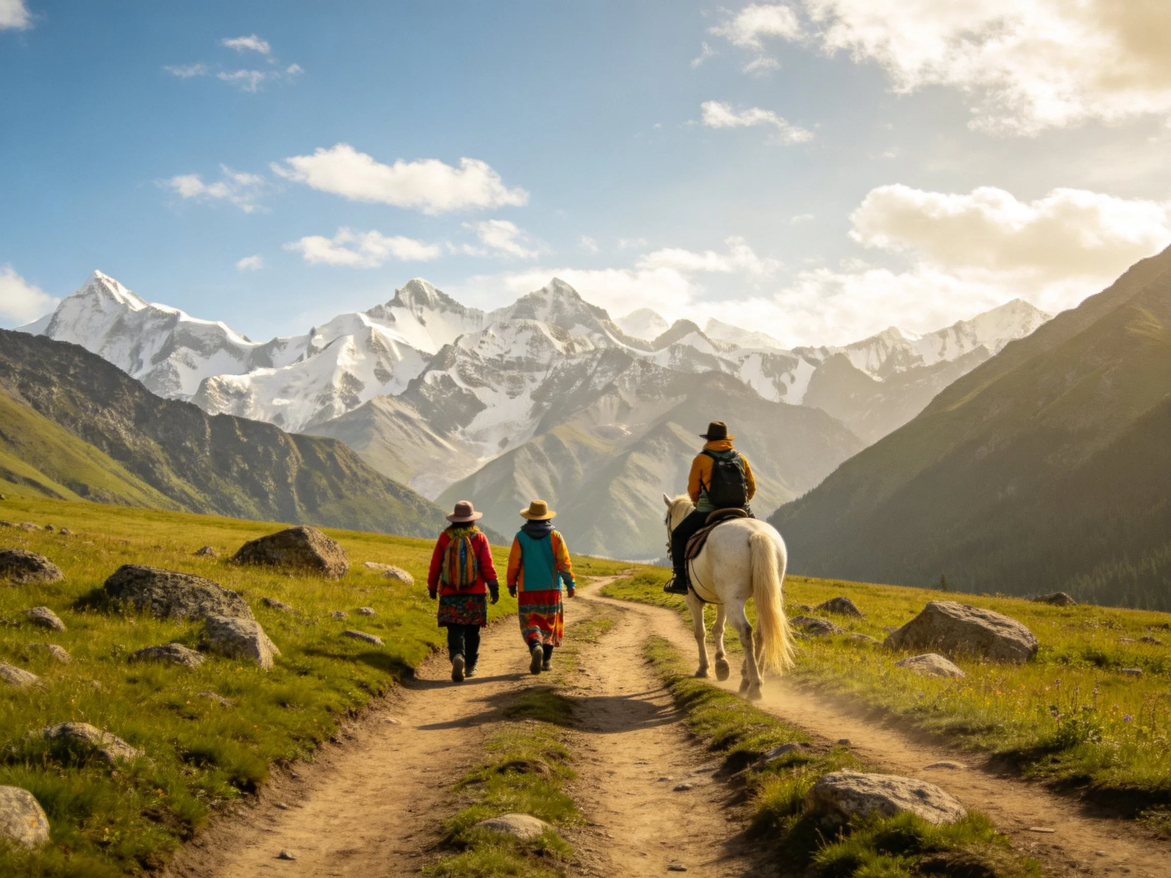 Three people walk and ride near snow-capped mountain peaks
