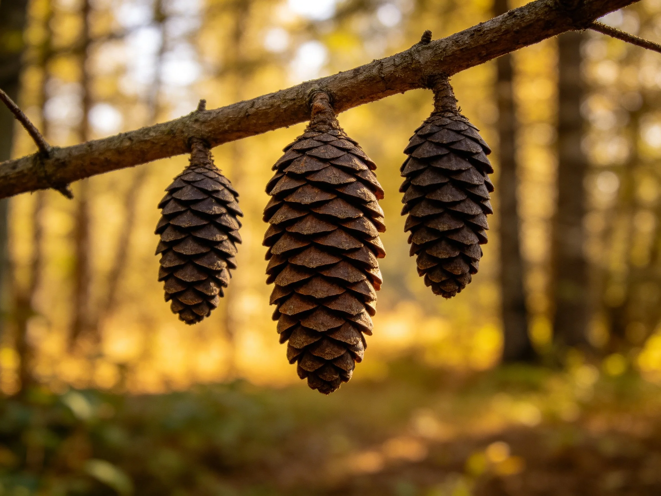 Three pine cones hang from a forest branch