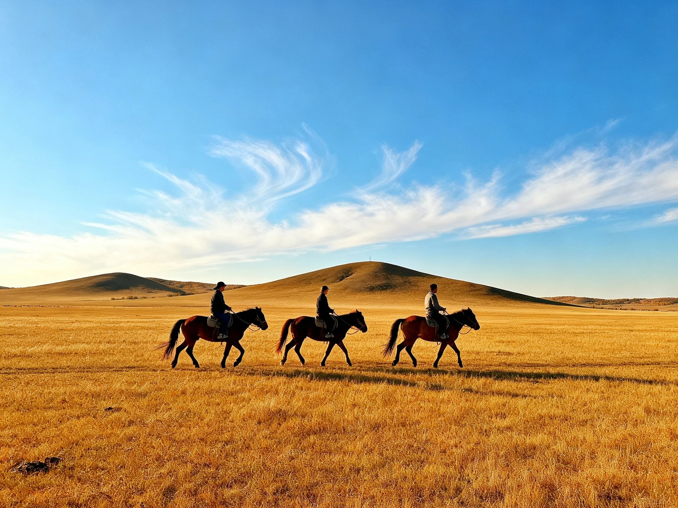 Three riders on horses traverse golden grasslands near rolling hills