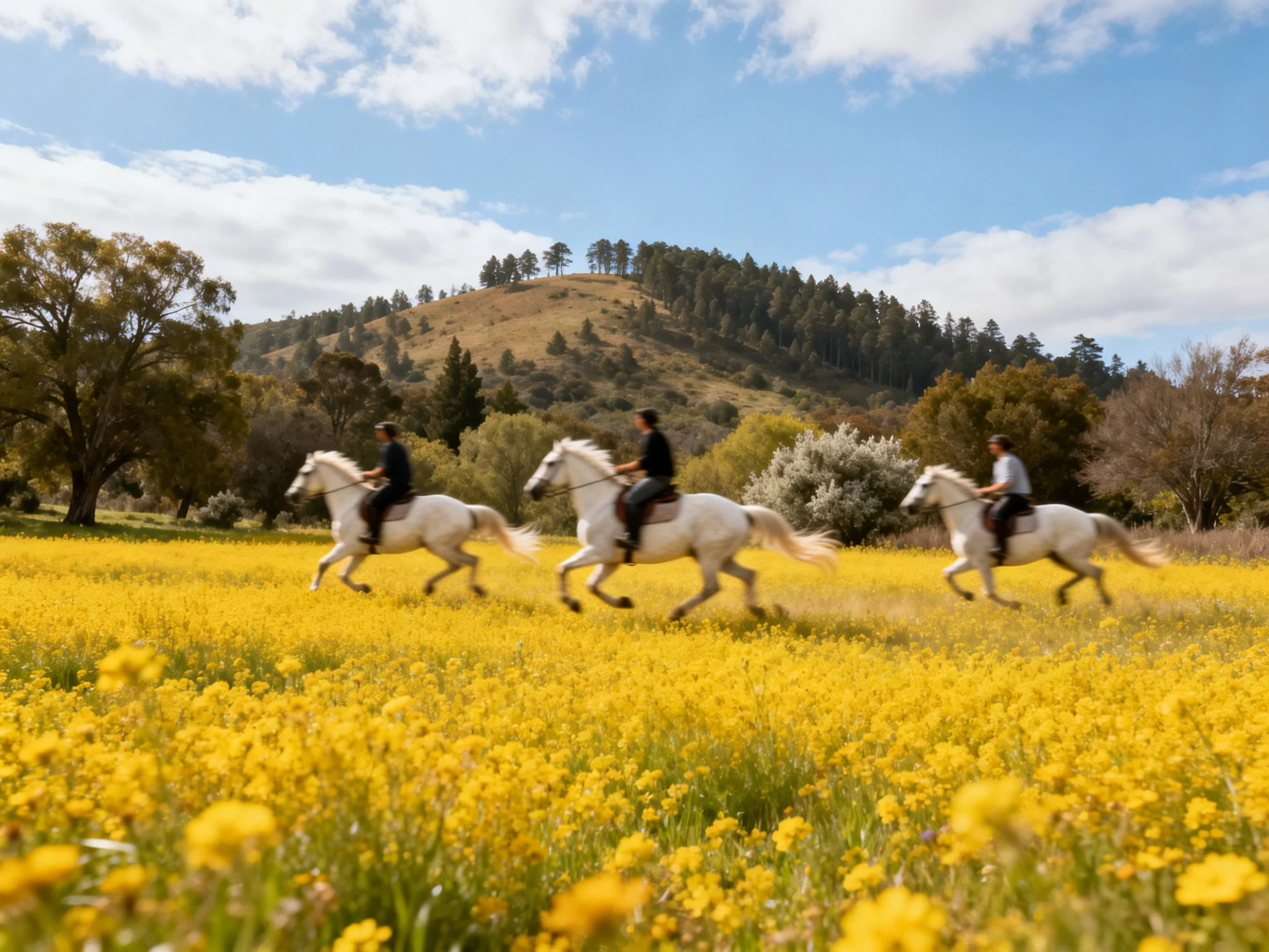 Three riders on white horses through golden flower field