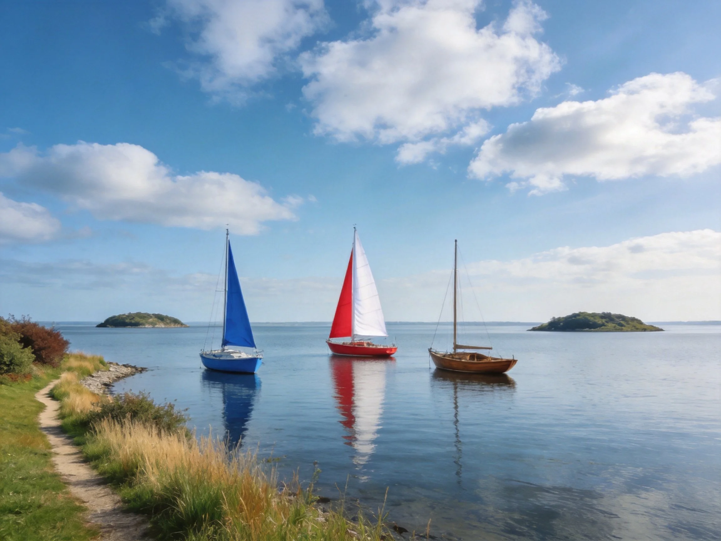 Three sailboats float near two small islands under a bright blue sky