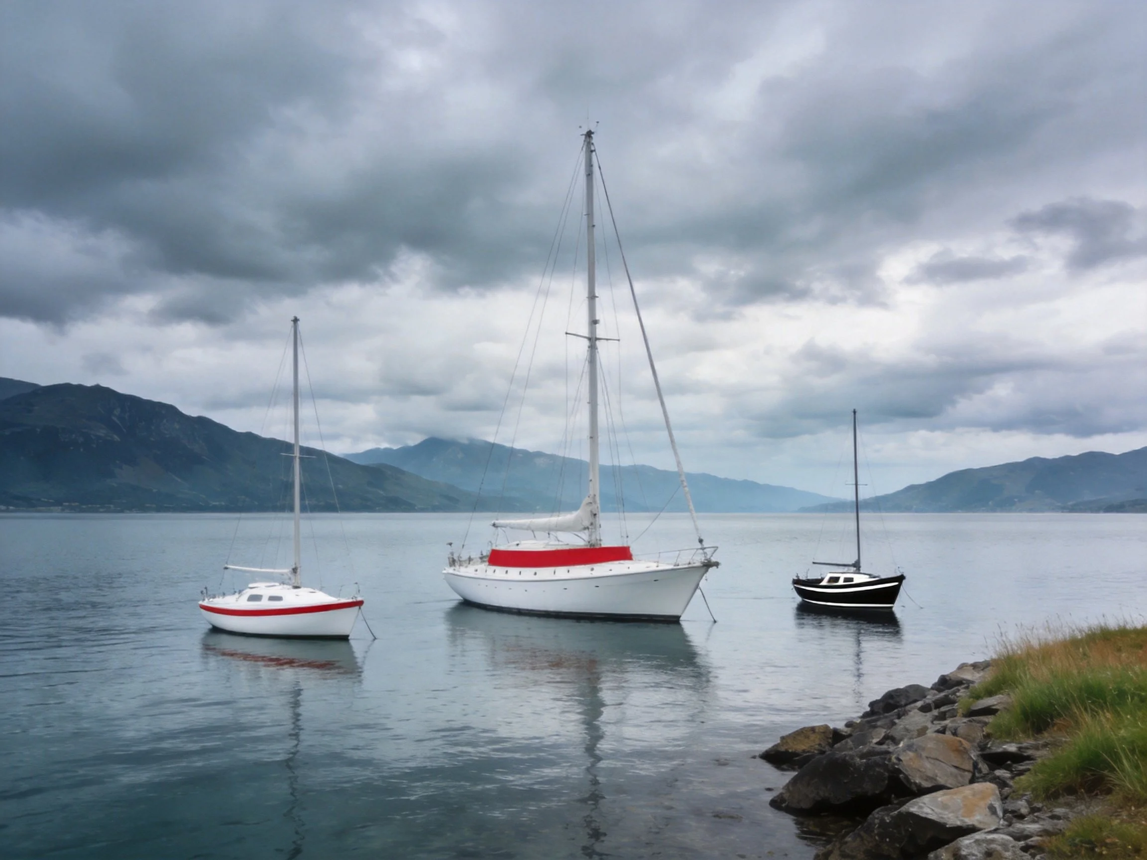 Three sailboats float on calm waters near rocky shore under overcast sky