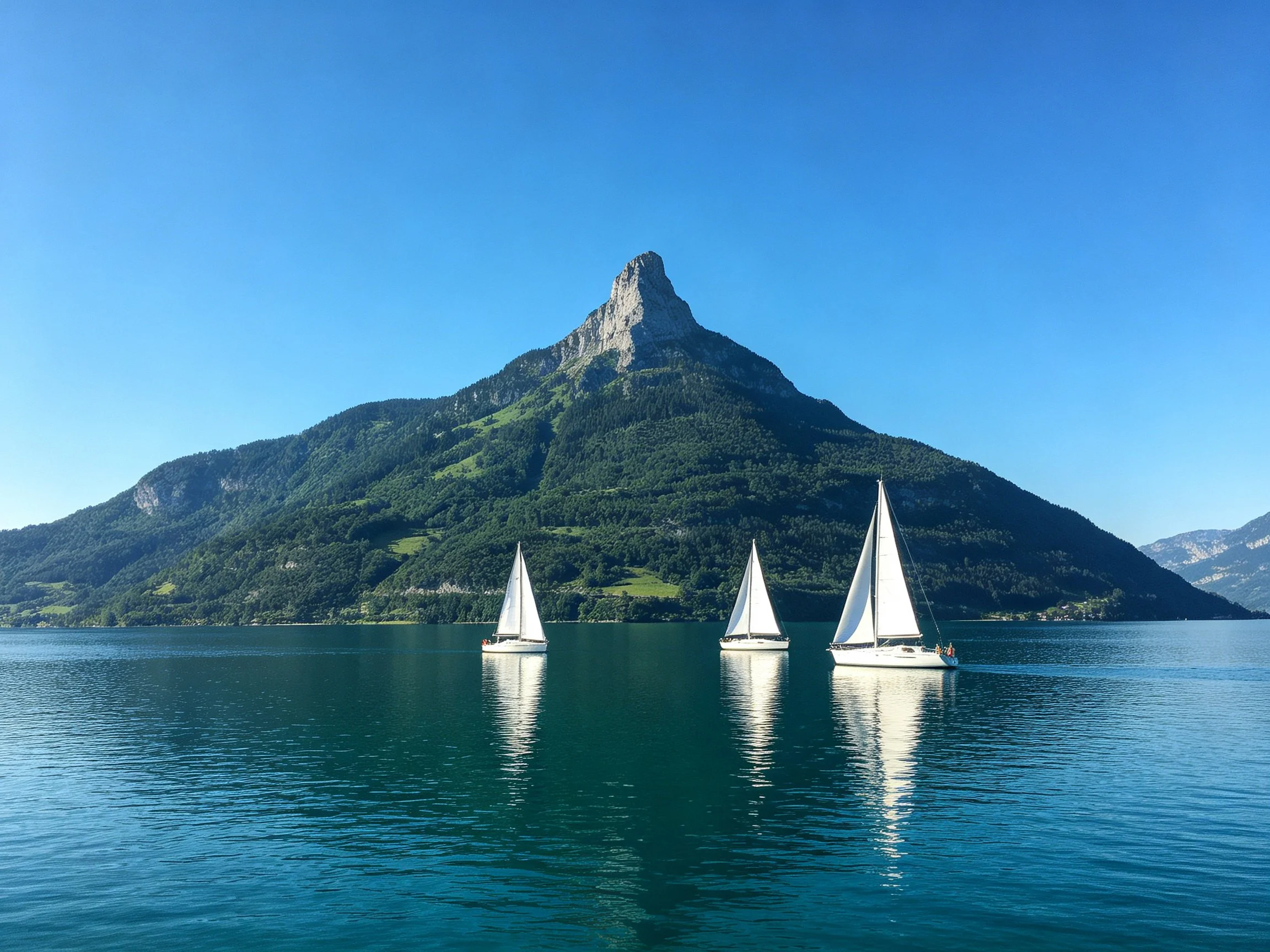Three sailboats glide across a turquoise lake near a forested mountain peak.